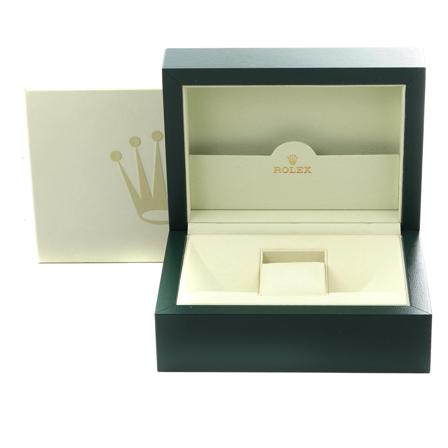 The image shows an open watch box for a Rolex GMT-Master 116718 Men
s Yellow Gold Black Dial 116718 Men
s Yellow Gold Black Dial, highlighting its interior and logo from a frontal angle.