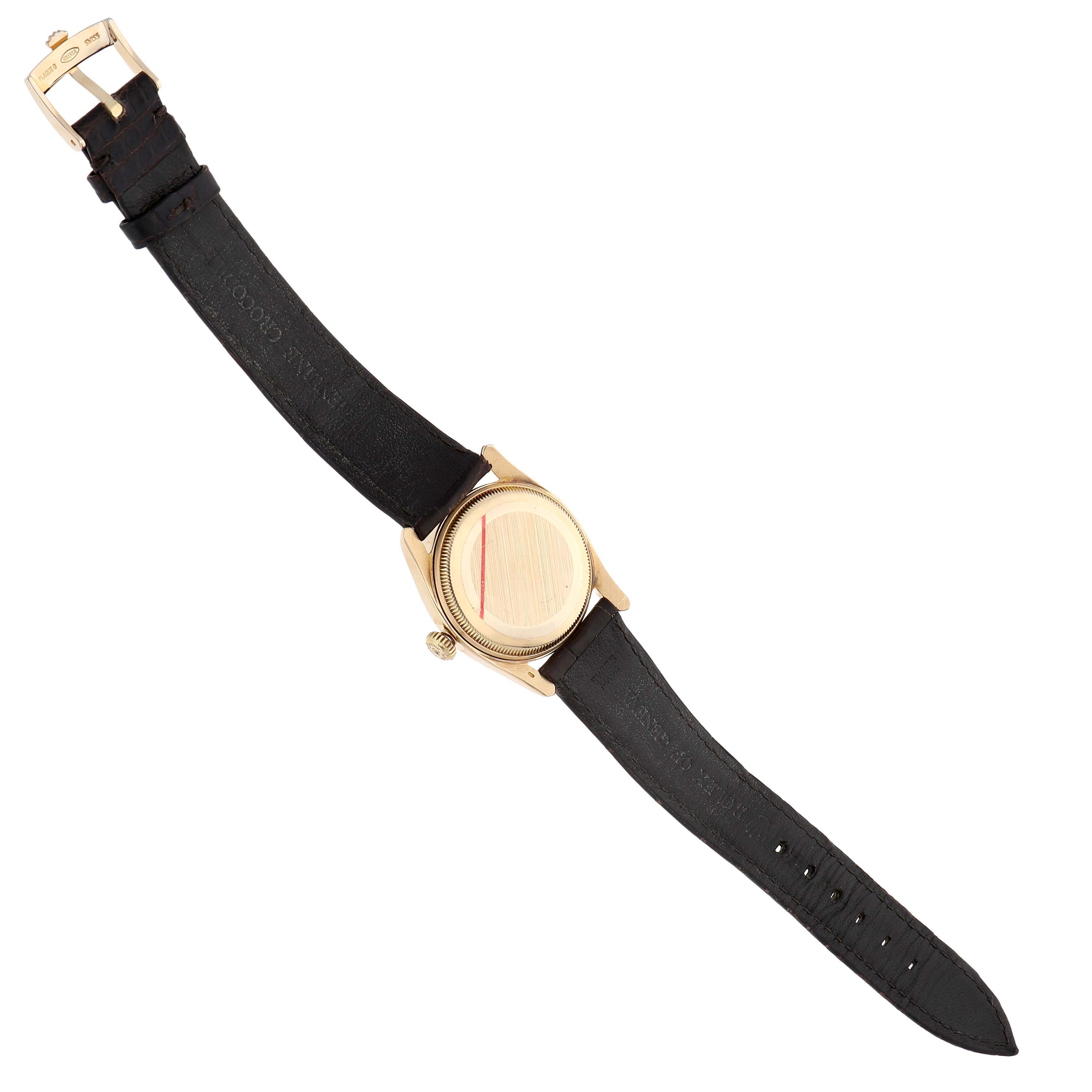 The image shows the back and strap of the Rolex Oyster Perpetual 6085 Men's Yellow Gold Champagne Dial watch.