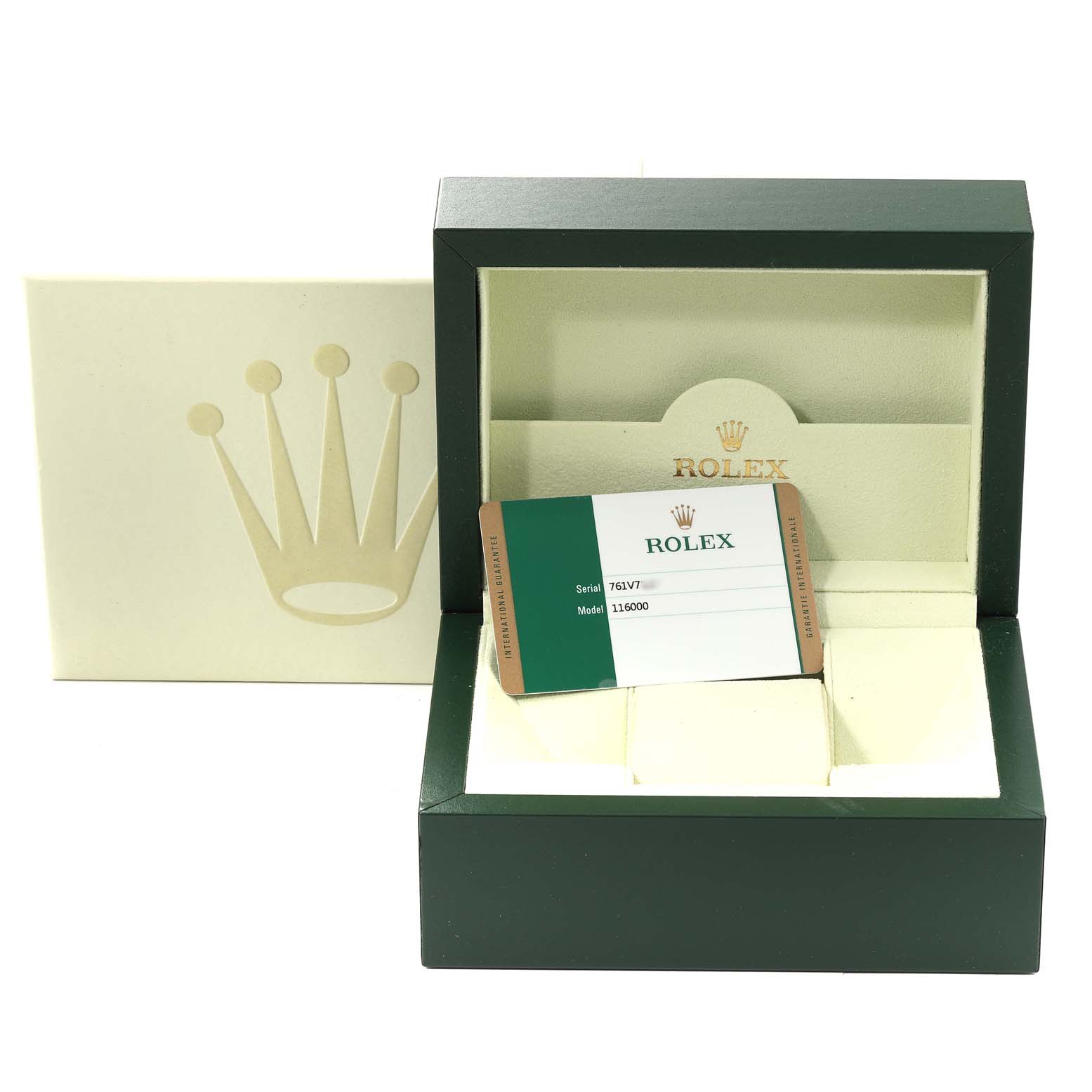 This image shows the box and authenticity card for a Rolex Oyster Perpetual 116000 Men's Stainless Steel Silver Dial 116000 Men's Stainless Steel Silver Dial model.
