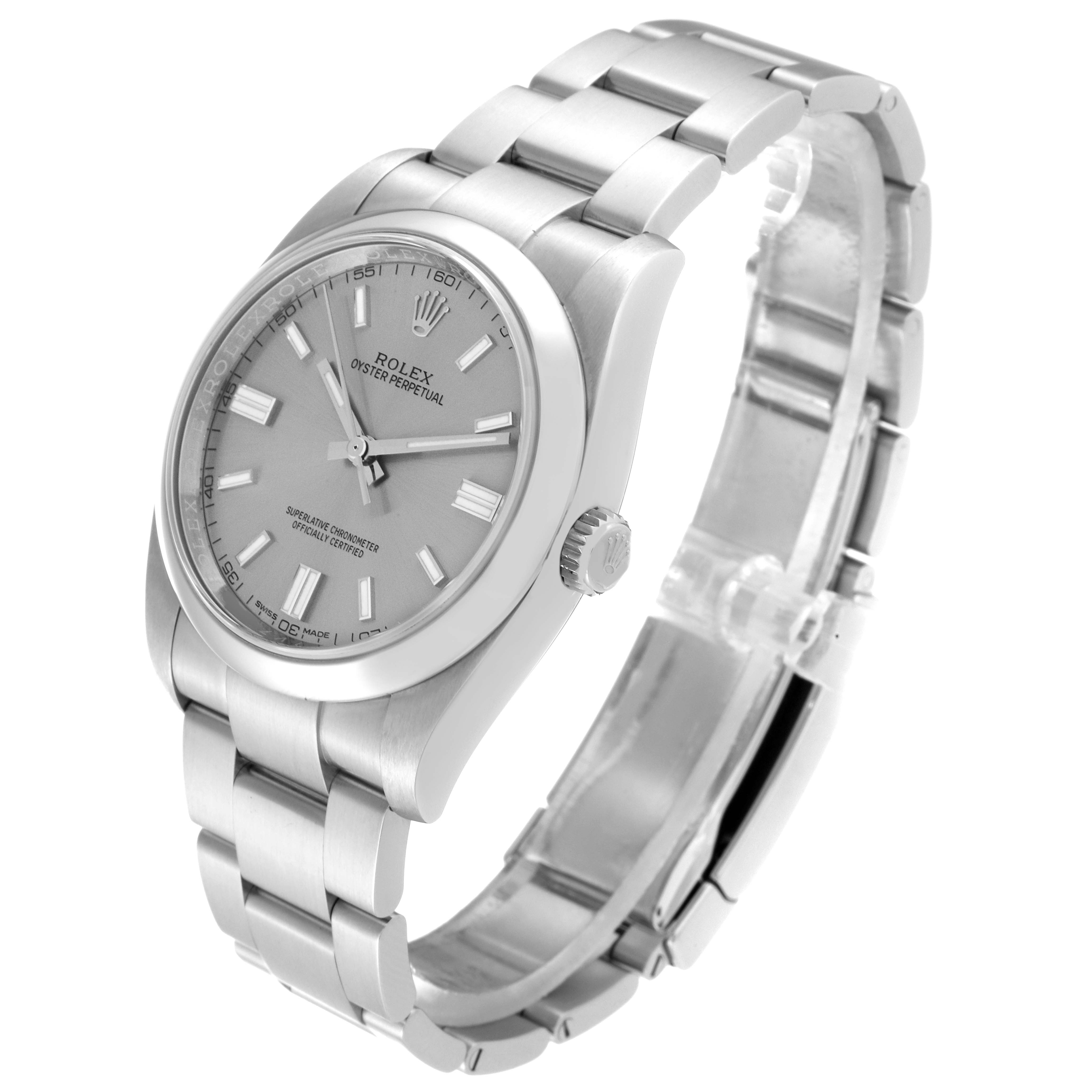The image shows a Rolex Oyster Perpetual 116000 Men's Stainless Steel Silver Dial 116000 Men's Stainless Steel Silver Dial watch angled slightly from the front, showcasing the dial, bracelet, and crown.