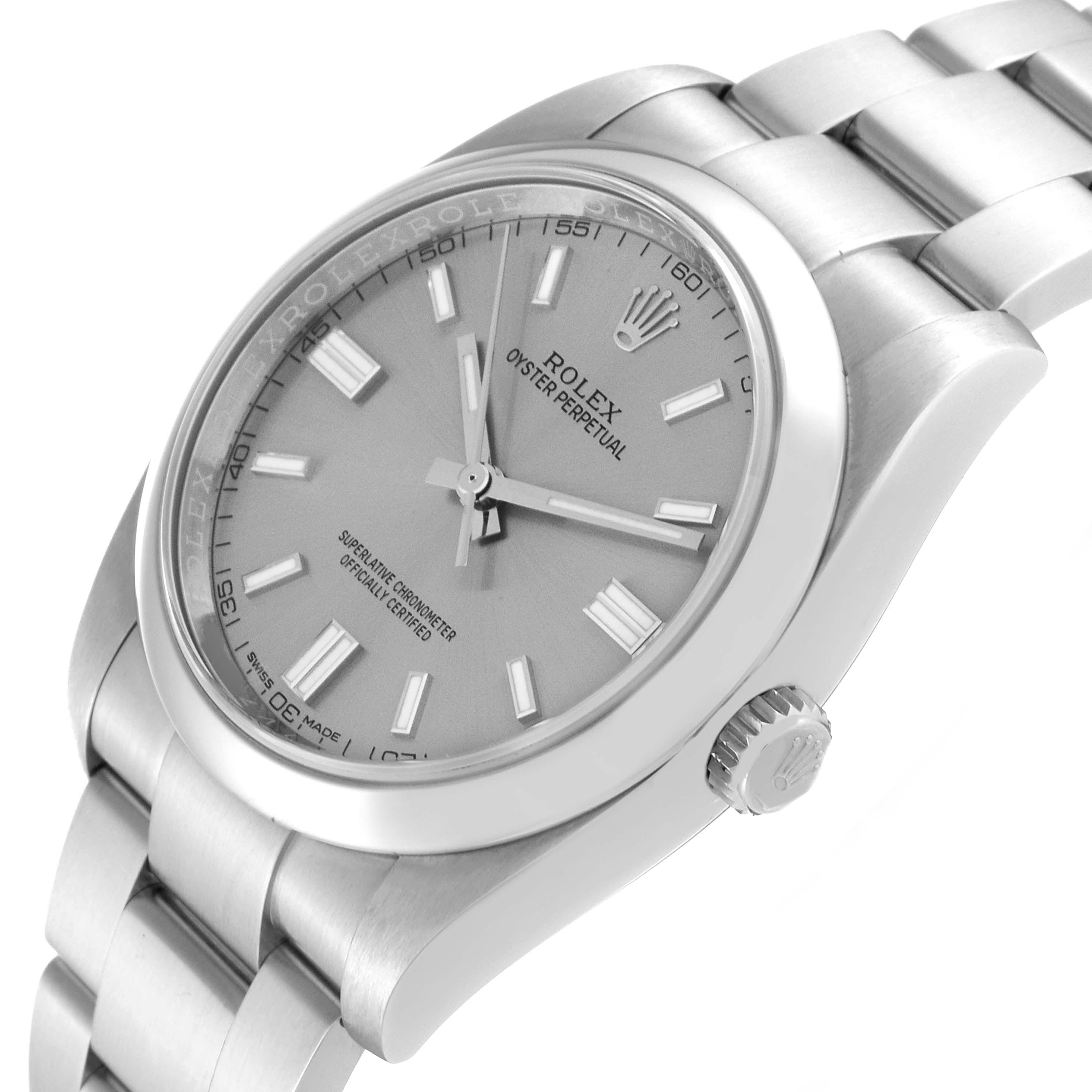 The image shows a side angle of a Rolex Oyster Perpetual 116000 Men's Stainless Steel Silver Dial 116000 Men's Stainless Steel Silver Dial watch, highlighting its face, bezel, crown, and bracelet.