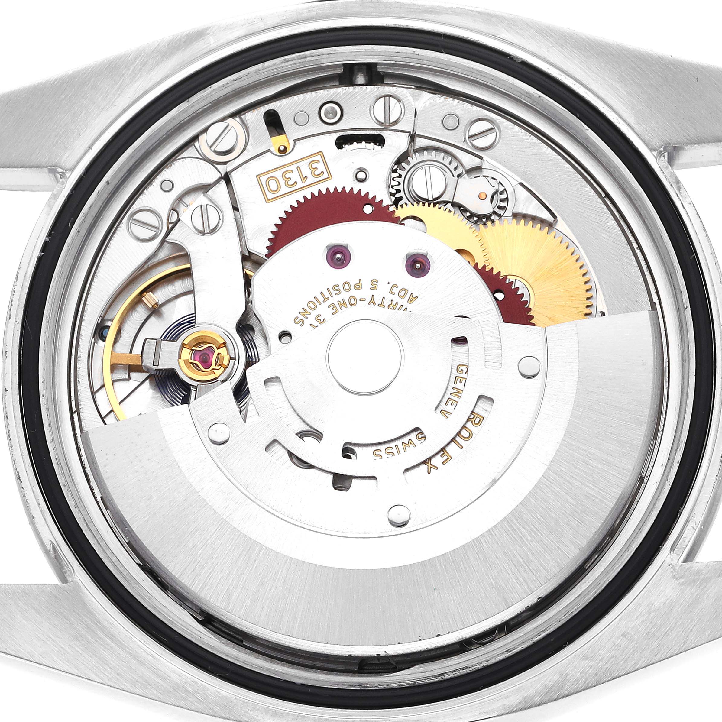 The image displays the internal movement mechanism of a Rolex Oyster Perpetual 116000 Men's Stainless Steel Silver Dial 116000 Men's Stainless Steel Silver Dial watch viewed from the back.