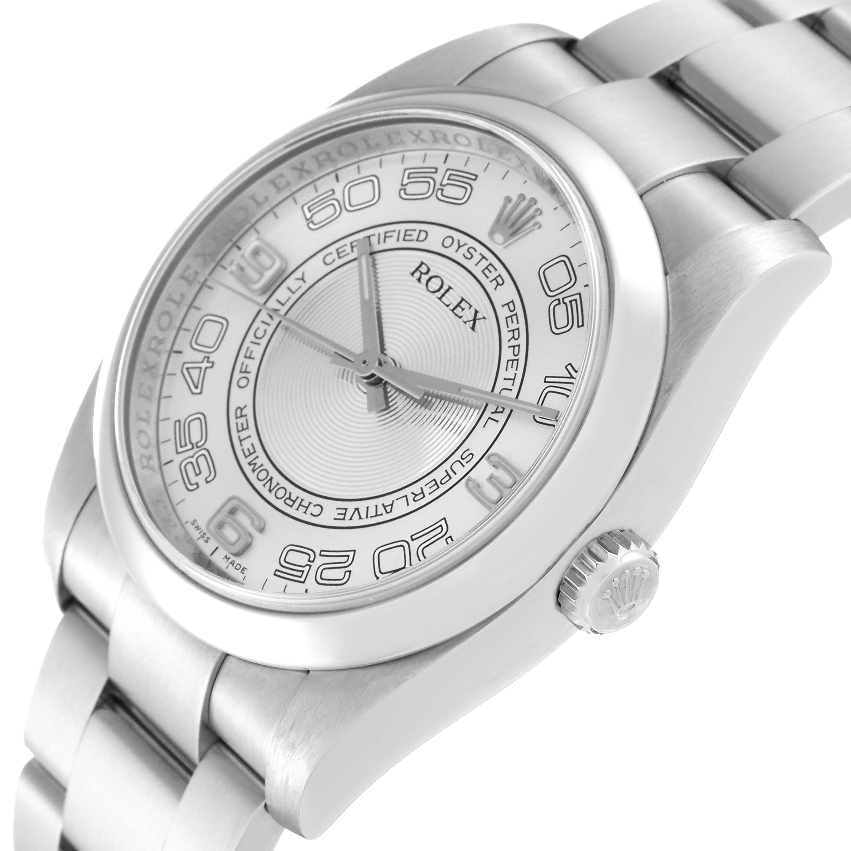 The image shows a close-up angled view of the Rolex Oyster Perpetual 116000 Men's Stainless Steel Silver Dial 116000 Men's Stainless Steel Silver Dial watch, highlighting the face, bezel, crown, and part of the bracelet.