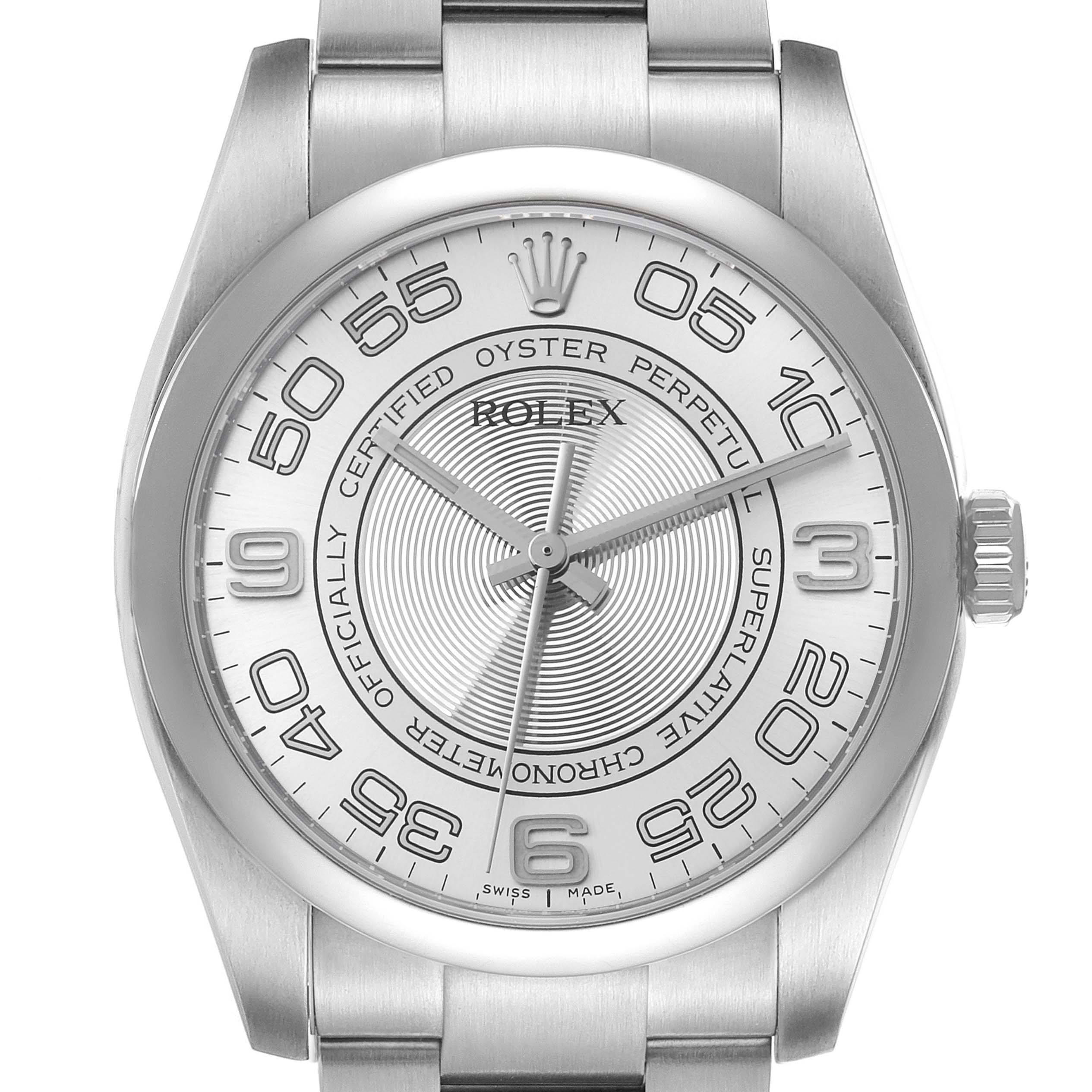 The image shows a front view of the Rolex Oyster Perpetual 116000 Men's Stainless Steel Silver Dial 116000 Men's Stainless Steel Silver Dial watch displaying its full dial, bezel, and part of the bracelet.