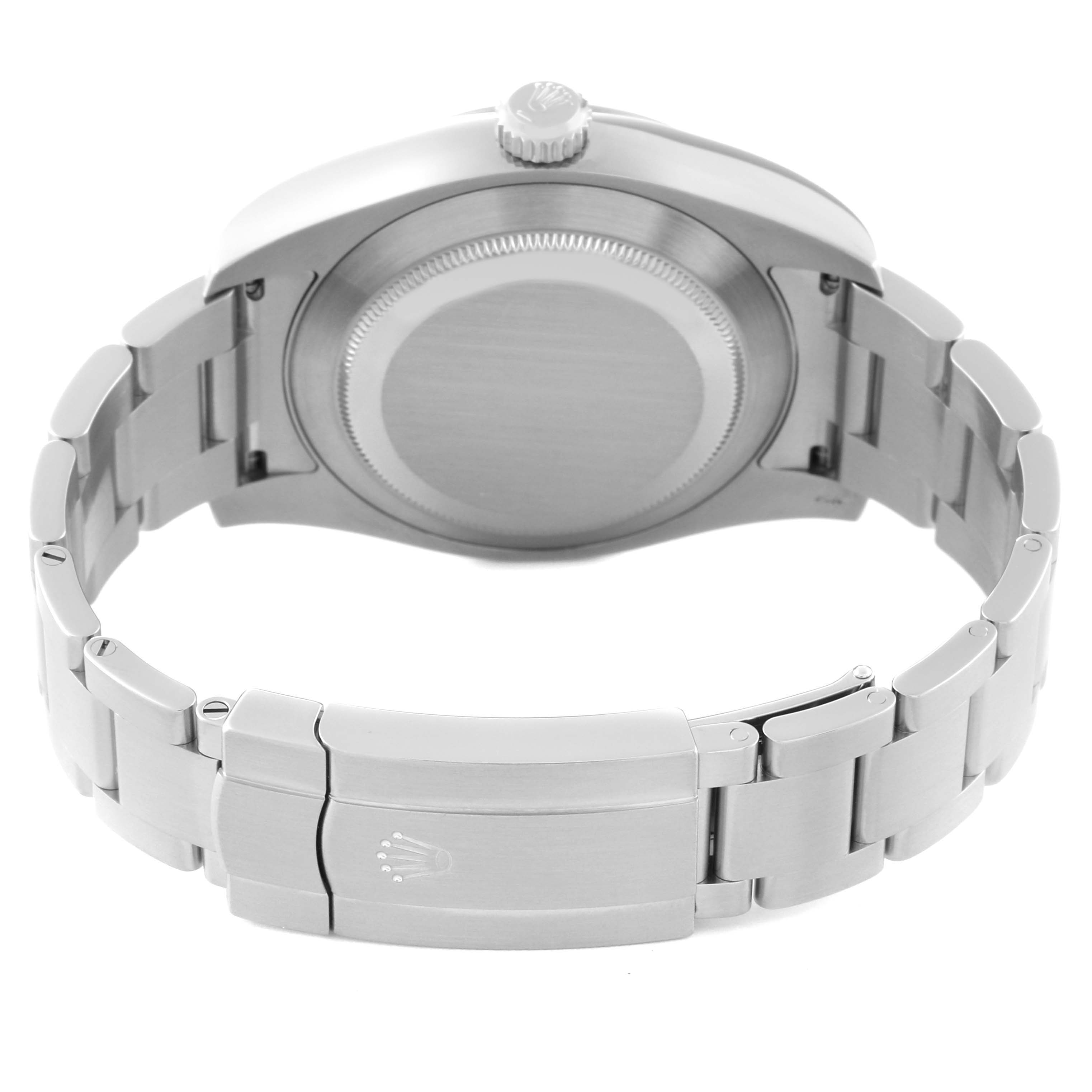 This image shows the back and bracelet of a Rolex Air-King 116900 Men's Stainless Steel Black Dial 116900 Men's Stainless Steel Black Dial watch from a rear angle.