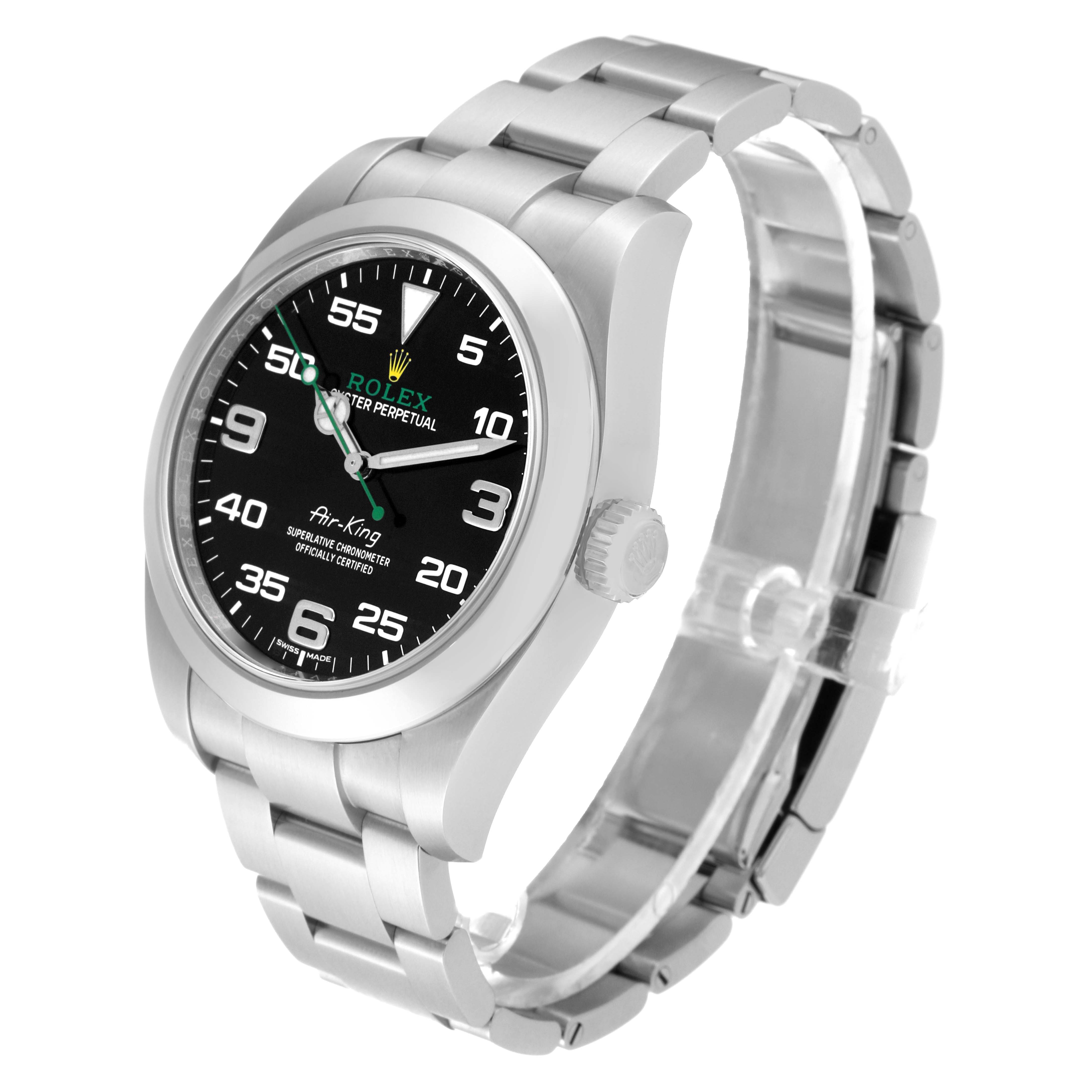 The image shows a Rolex Air-King 116900 Men's Stainless Steel Black Dial 116900 Men's Stainless Steel Black Dial watch at a three-quarter angle displaying the face, case, bezel, and bracelet.