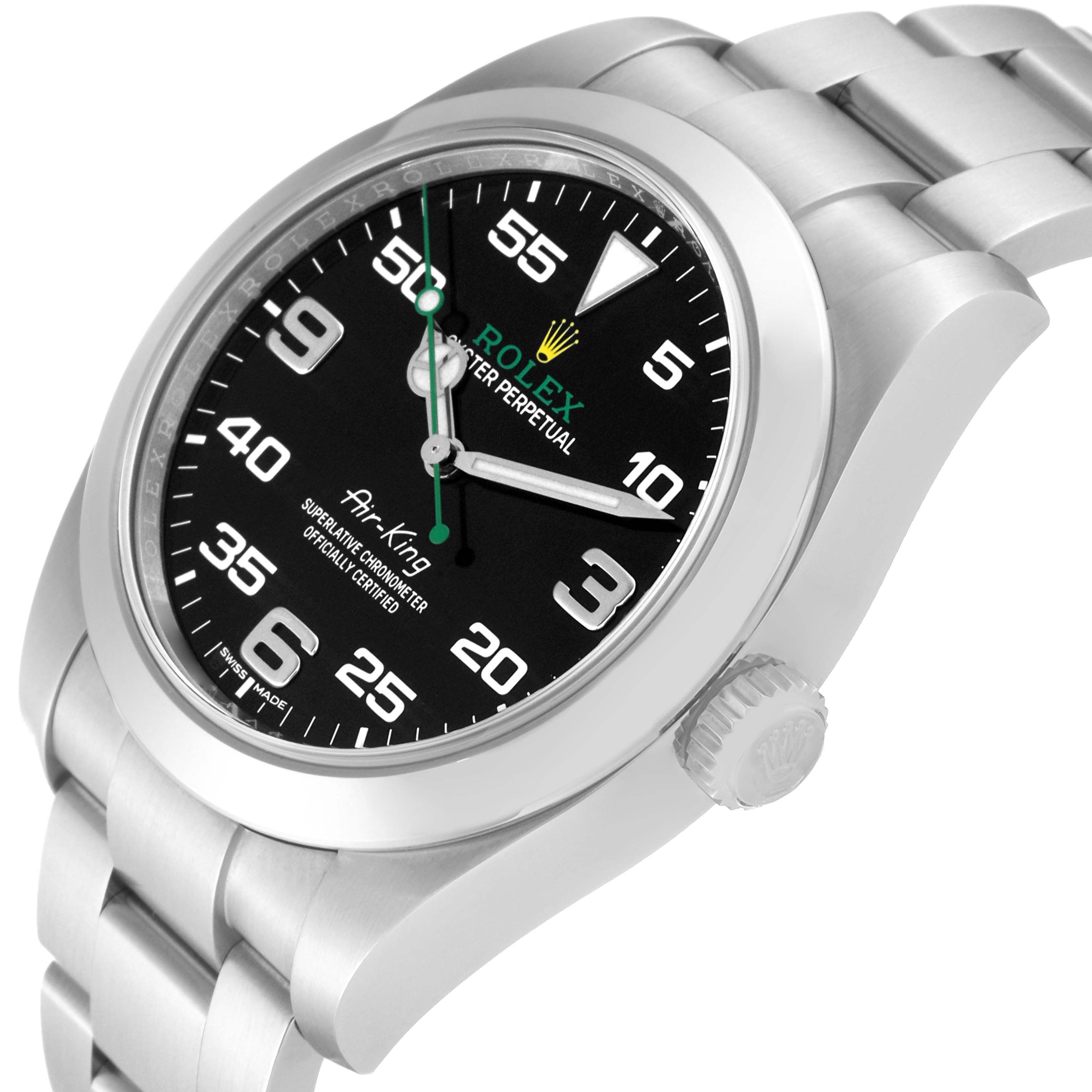 This image shows a Rolex Air-King 116900 Men's Stainless Steel Black Dial 116900 Men's Stainless Steel Black Dial watch from an angled close-up, displaying the watch face and part of the bracelet.