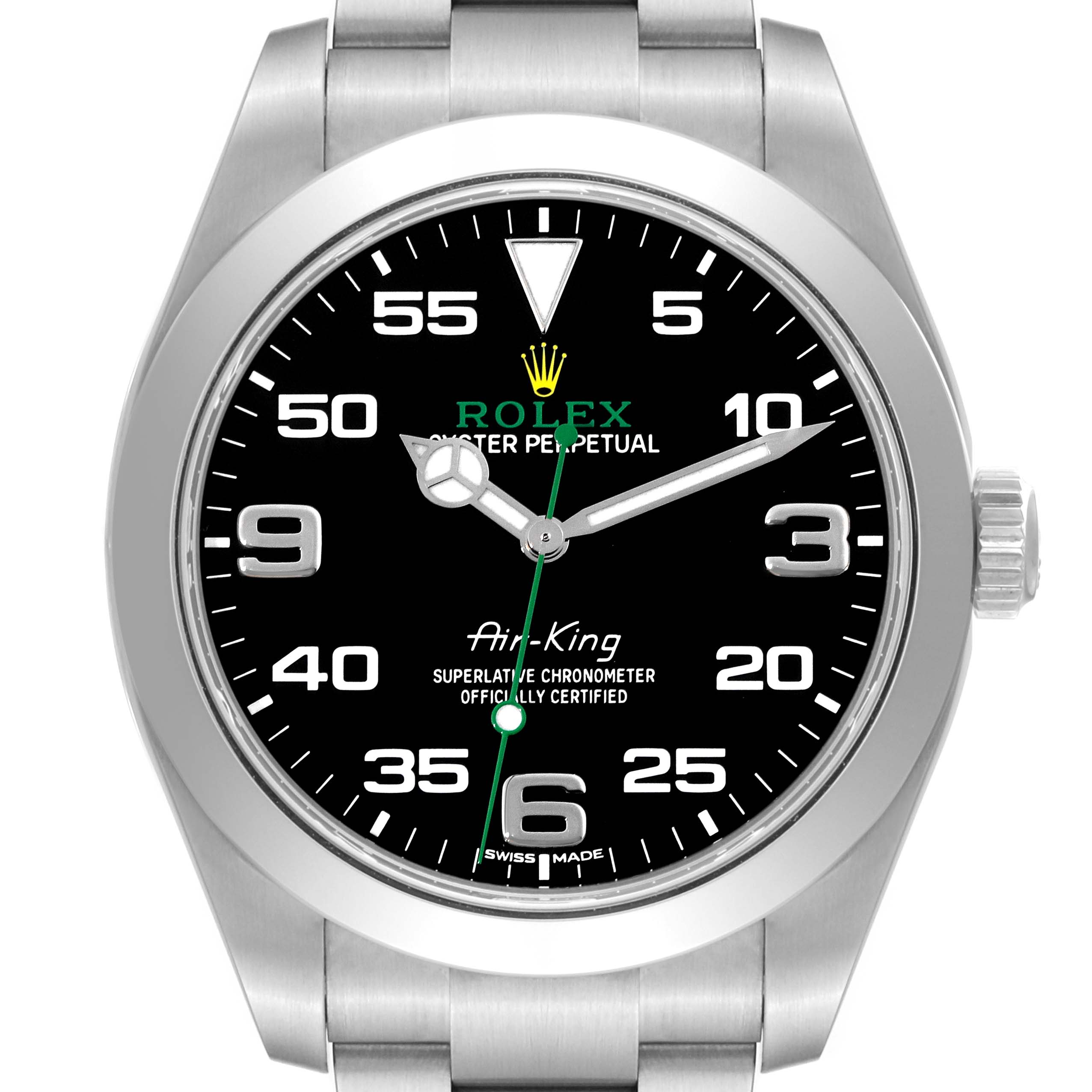 The image shows a front-facing view of the Rolex Air-King 116900 Men's Stainless Steel Black Dial 116900 Men's Stainless Steel Black Dial watch, highlighting its dial and bezel.