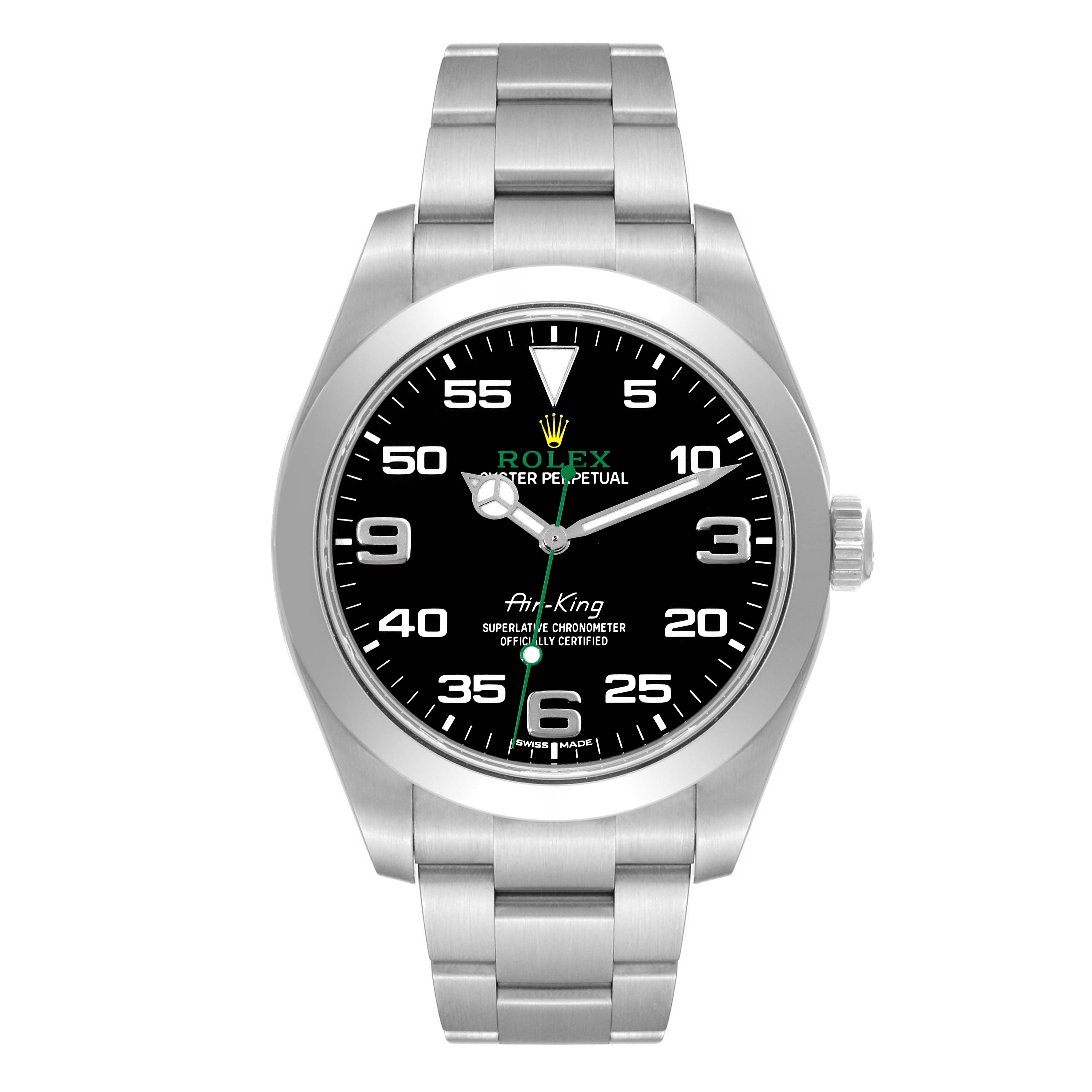 The image displays a front view of a Rolex Air-King 116900 Men's Stainless Steel Black Dial 116900 Men's Stainless Steel Black Dial watch, showcasing its black dial, silver hour markers, and stainless steel bracelet.