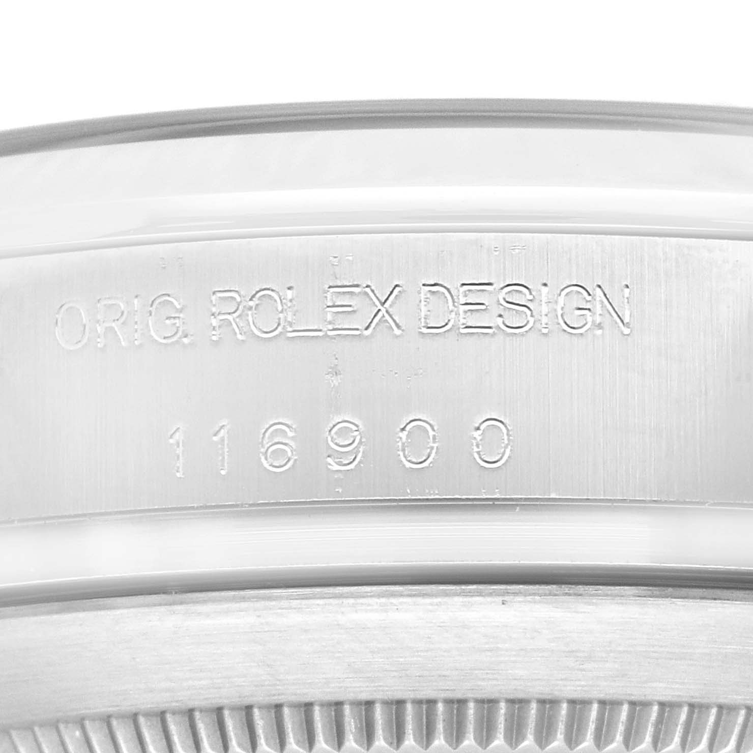 This image shows the side engraving of a Rolex Air-King 116900 Men's Stainless Steel Black Dial 116900 Men's Stainless Steel Black Dial watch, displaying the model number 116900.