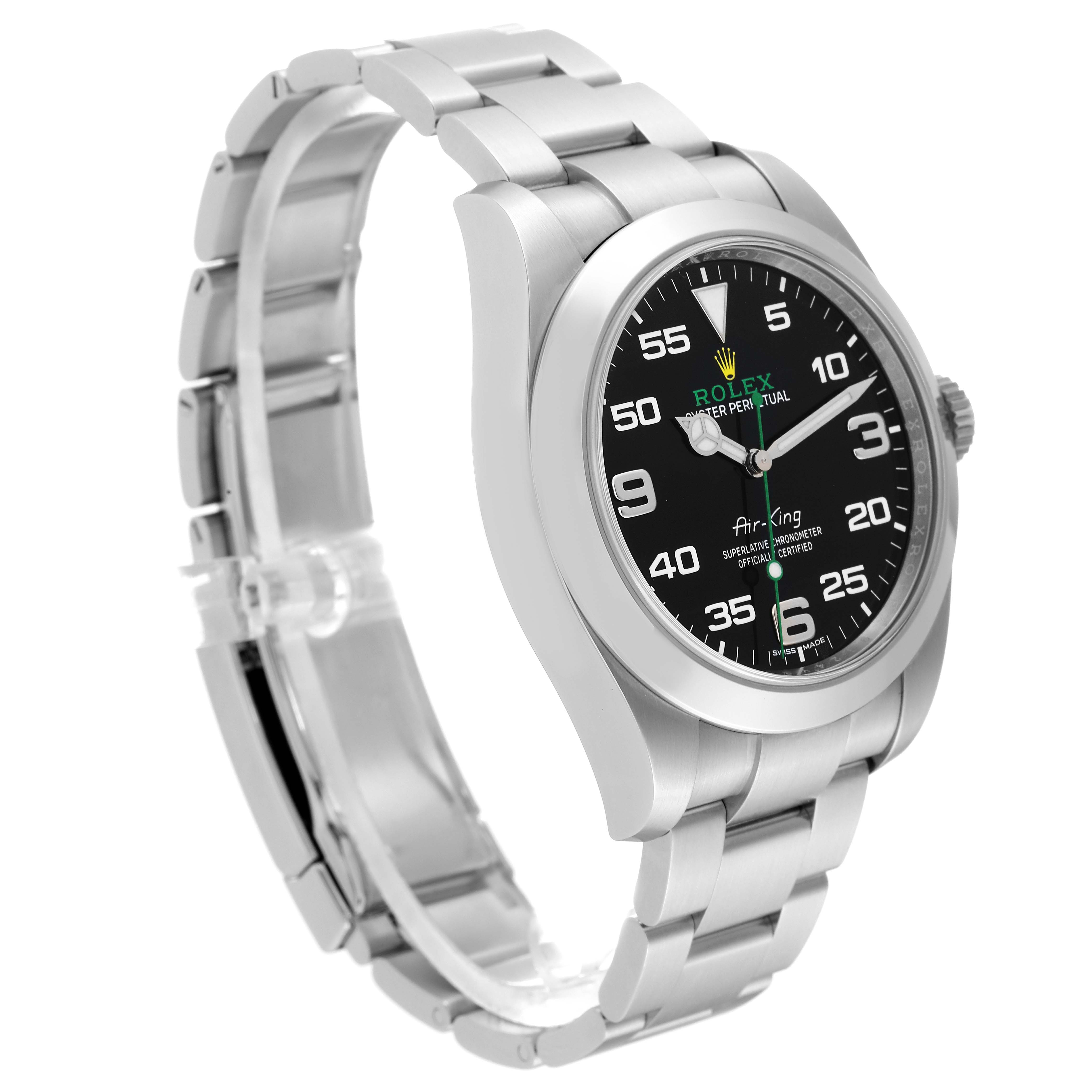 The image shows a side angle of the Rolex Air-King 116900 Men's Stainless Steel Black Dial 116900 Men's Stainless Steel Black Dial watch, highlighting its stainless steel bracelet, case, and black dial.