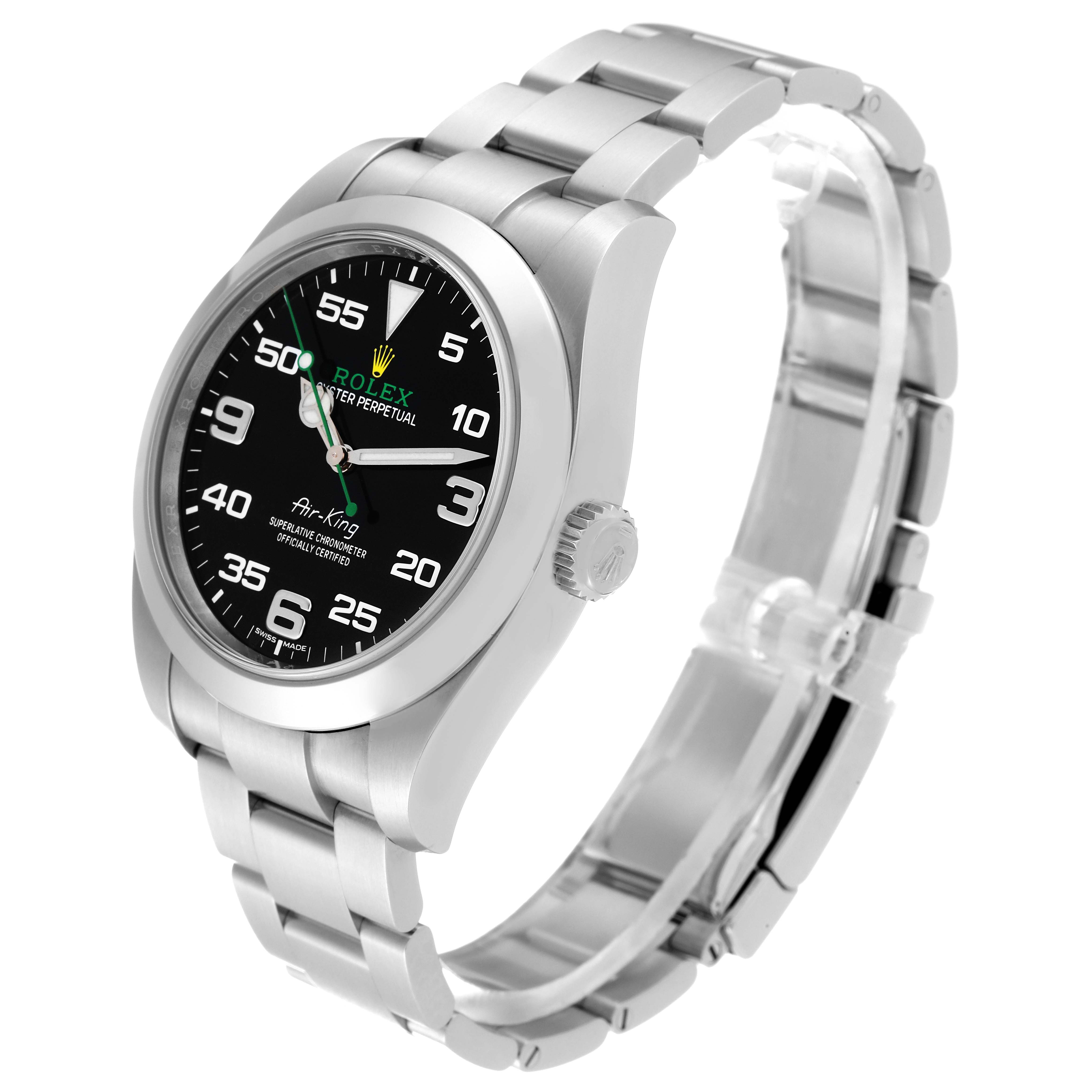 The image shows a side and close-up view of the Rolex Air-King 116900 Men's Stainless Steel Black Dial 116900 Men's Stainless Steel Black Dial watch, including its clasp, crown, and bracelet.