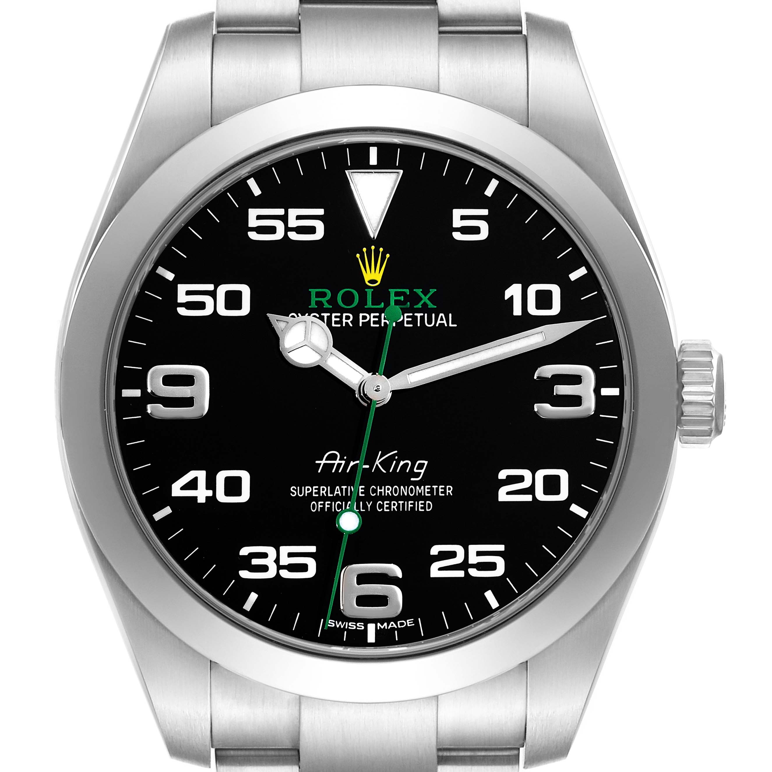 This image shows a front view of the Rolex Air-King 116900 Men's Stainless Steel Black Dial 116900 Men's Stainless Steel Black Dial watch, highlighting its black dial, hour markers, hands, and stainless steel band.