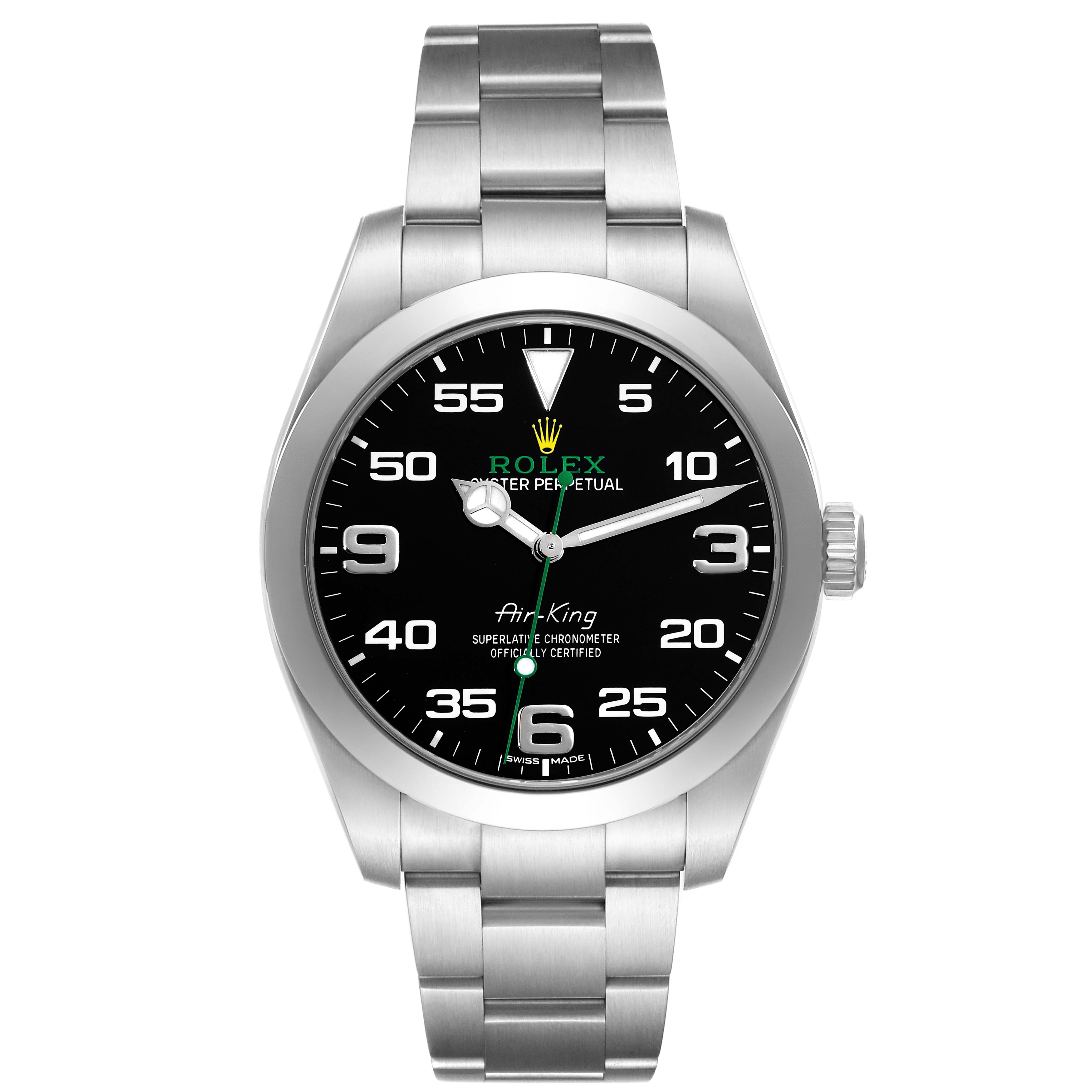 This image shows a full frontal view of the Rolex Air-King 116900 Men's Stainless Steel Black Dial 116900 Men's Stainless Steel Black Dial watch, displaying its dial, bezel, and bracelet.