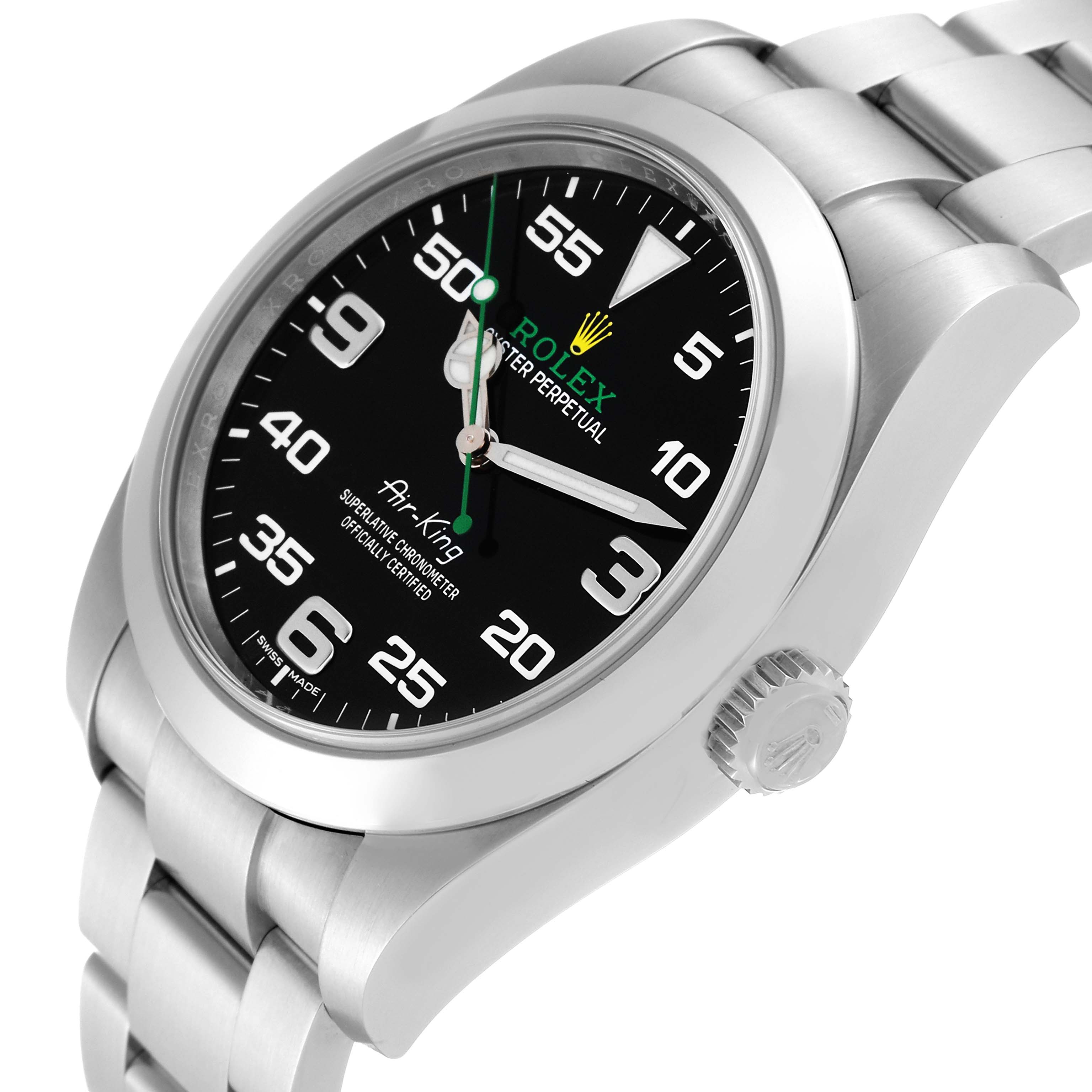 The image shows a Rolex Air-King 116900 Men's Stainless Steel Black Dial 116900 Men's Stainless Steel Black Dial watch at an angle showcasing the face, bezel, crown, and part of the bracelet.