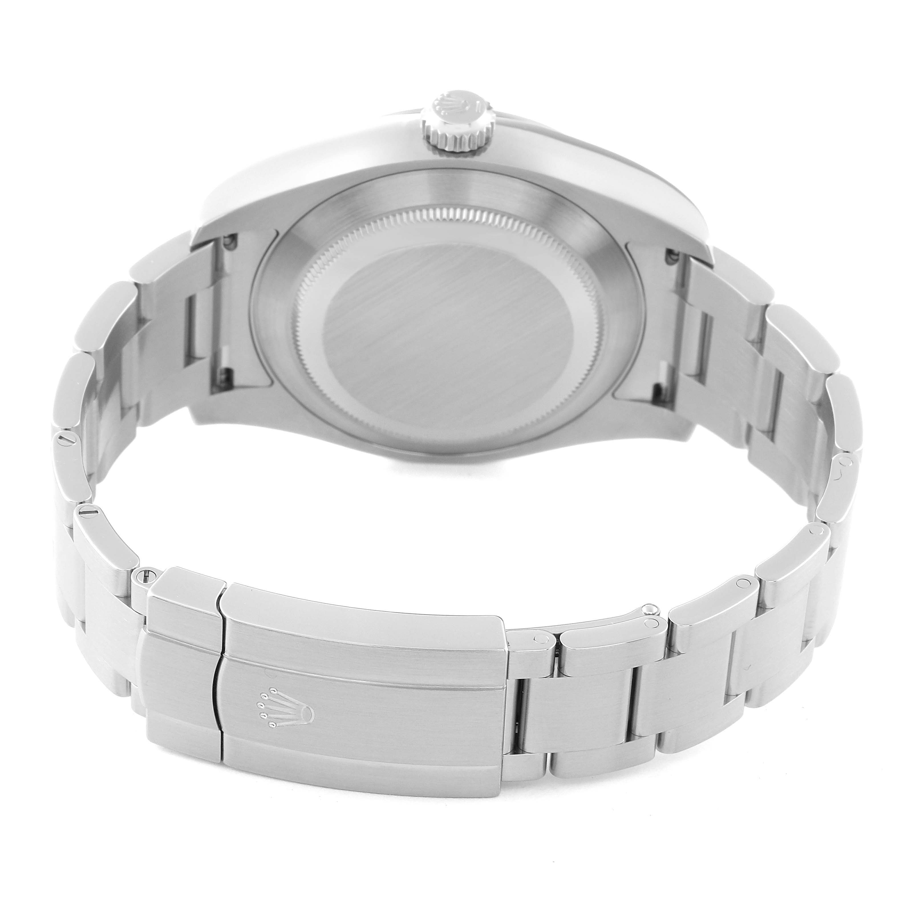 This image shows the back case and bracelet of the Rolex Air-King 116900 Men's Stainless Steel Black Dial 116900 Men's Stainless Steel Black Dial watch, viewed from the rear.