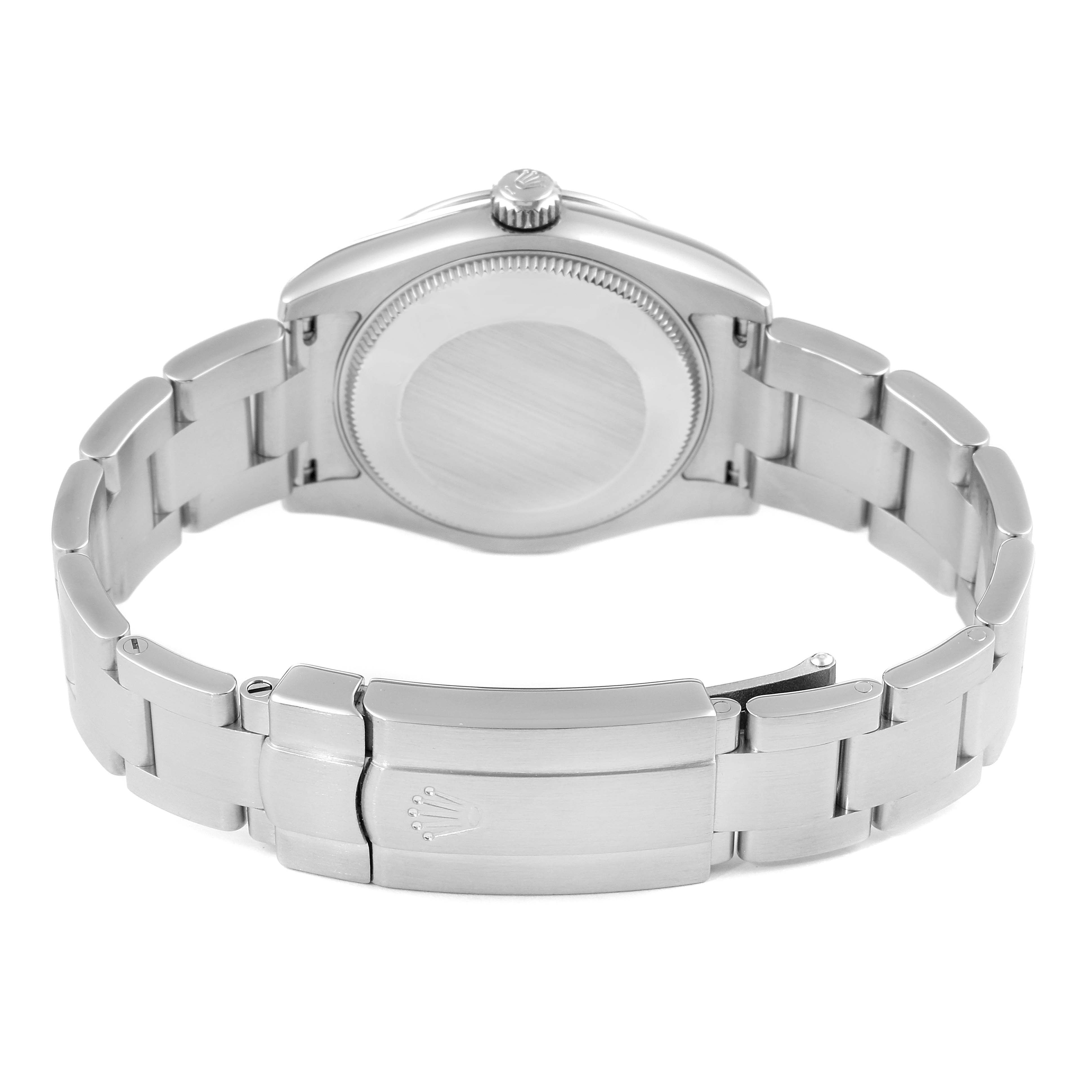 This image shows the back view of a Rolex Mid-Size 177200 Women
s Stainless Steel White Dial 177200 Women
s Stainless Steel White Dial watch, highlighting its bezel, case back, and bracelet with clasp.