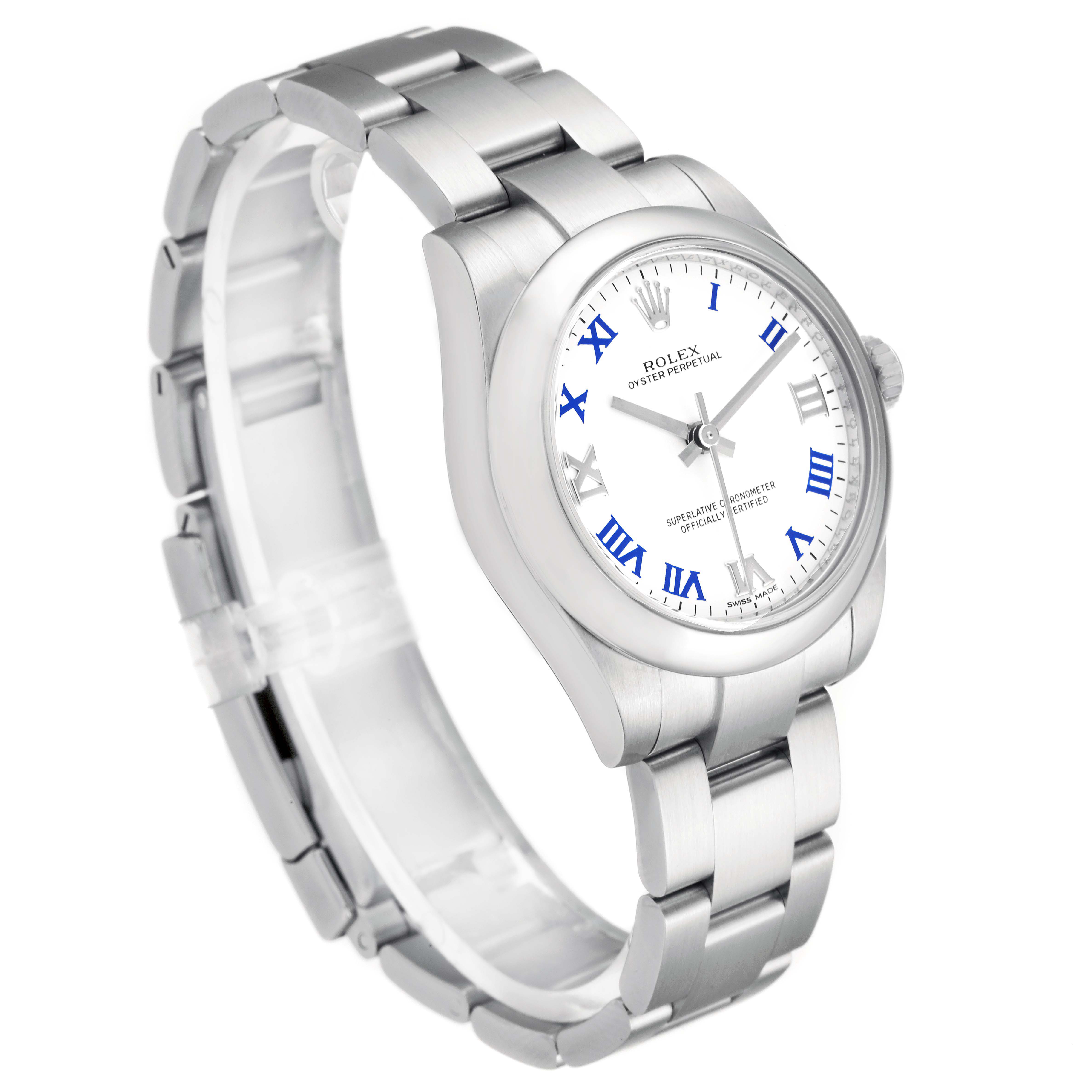 This image shows a Rolex Mid-Size 177200 Women
s Stainless Steel White Dial 177200 Women
s Stainless Steel White Dial Oyster Perpetual watch from an angled front view, displaying its face, crown, and bracelet.