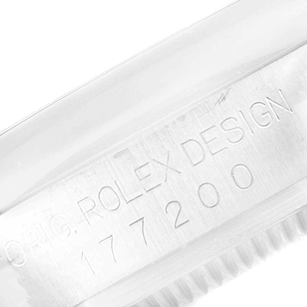 This image shows a close-up of the engravings on the side of a Rolex Mid-Size 177200 Women
s Stainless Steel White Dial 177200 Women
s Stainless Steel White Dial watch, displaying its model number "177200."