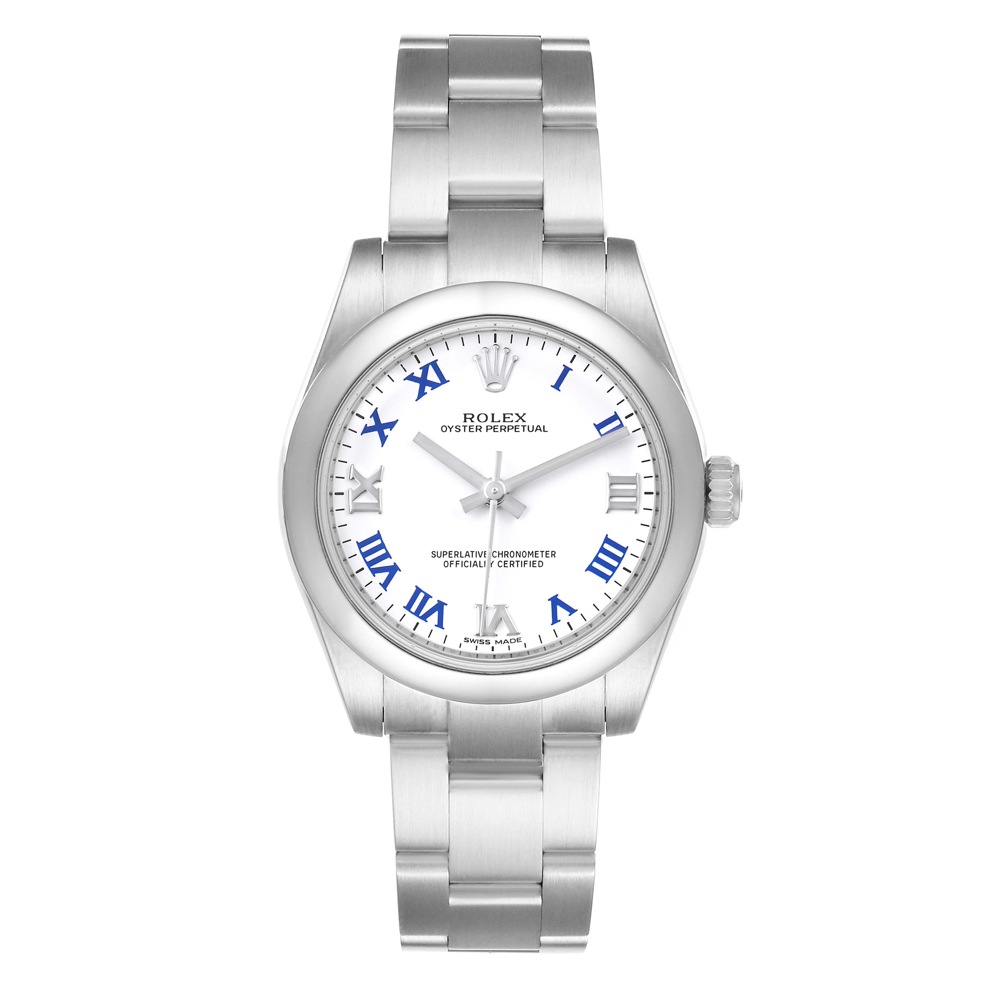 This Rolex Mid-Size 177200 Women
s Stainless Steel White Dial 177200 Women
s Stainless Steel White Dial model watch is shown from a front angle, highlighting its dial, bezel, case, and bracelet.
