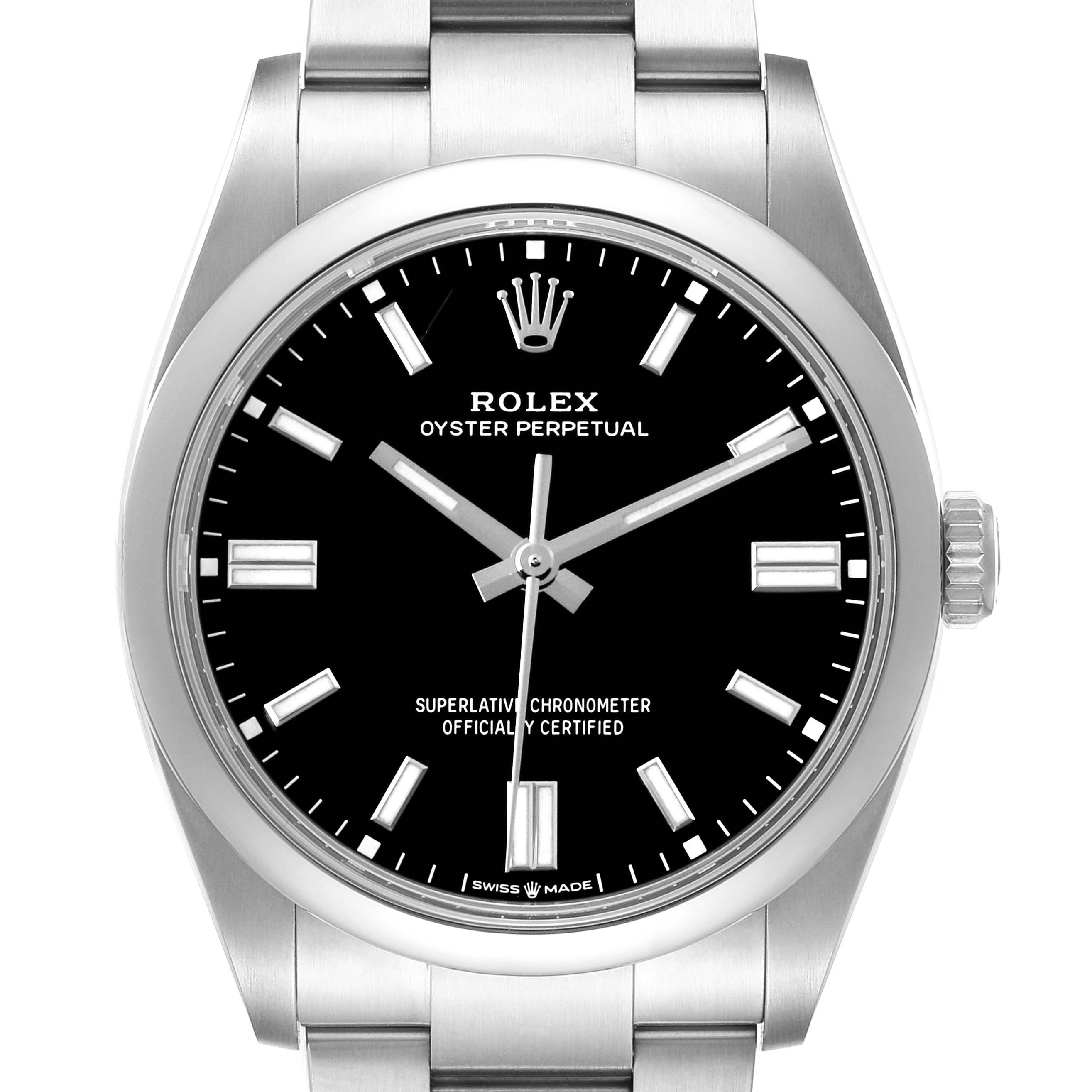The Rolex Oyster Perpetual 126000 Men's Stainless Steel Black Dial watch is shown from a front angle, displaying the dial, hour markers, hands, and part of the bracelet.