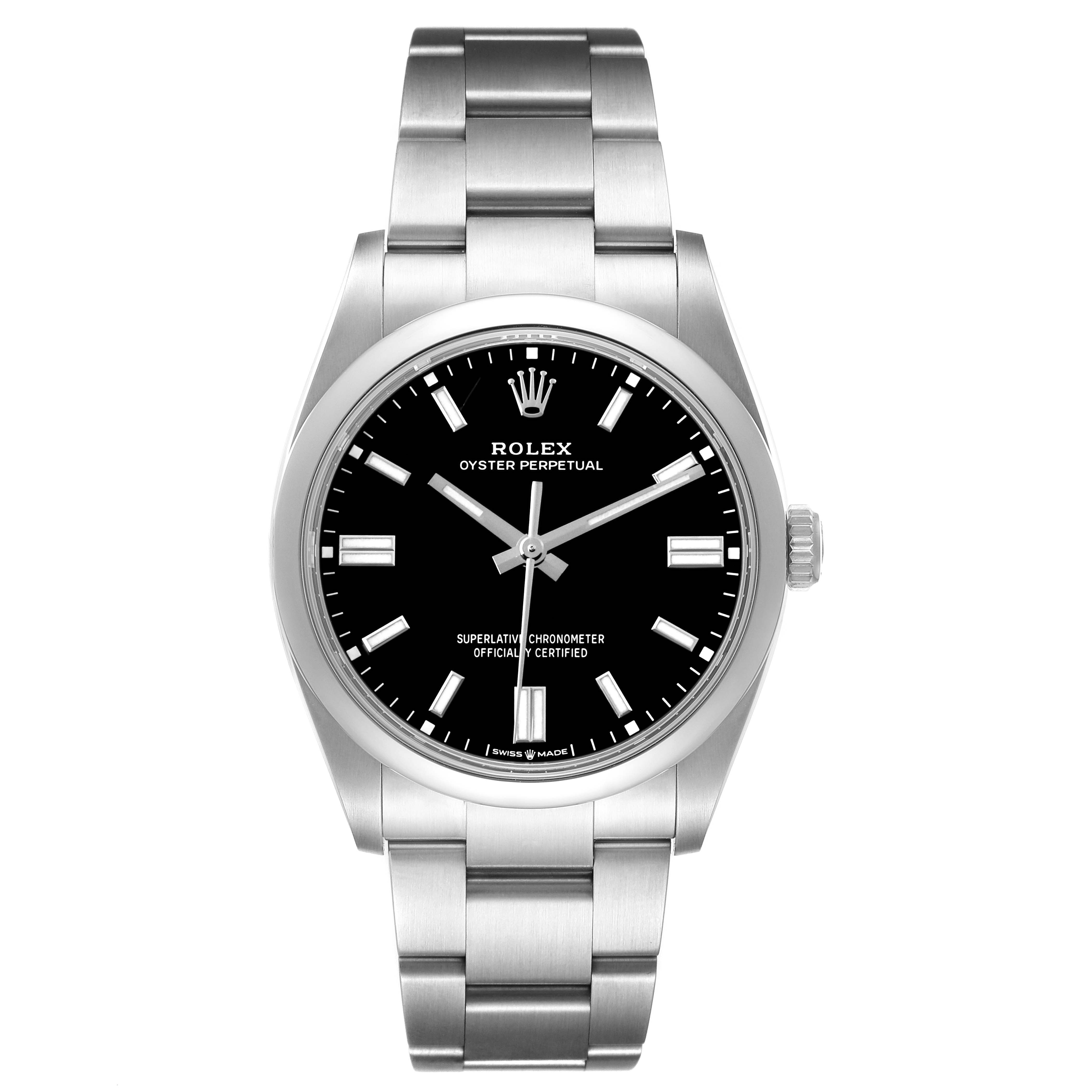 The Rolex Oyster Perpetual 126000 Men's Stainless Steel Black Dial watch is shown from a front angle, highlighting the dial, bezel, and stainless steel bracelet.