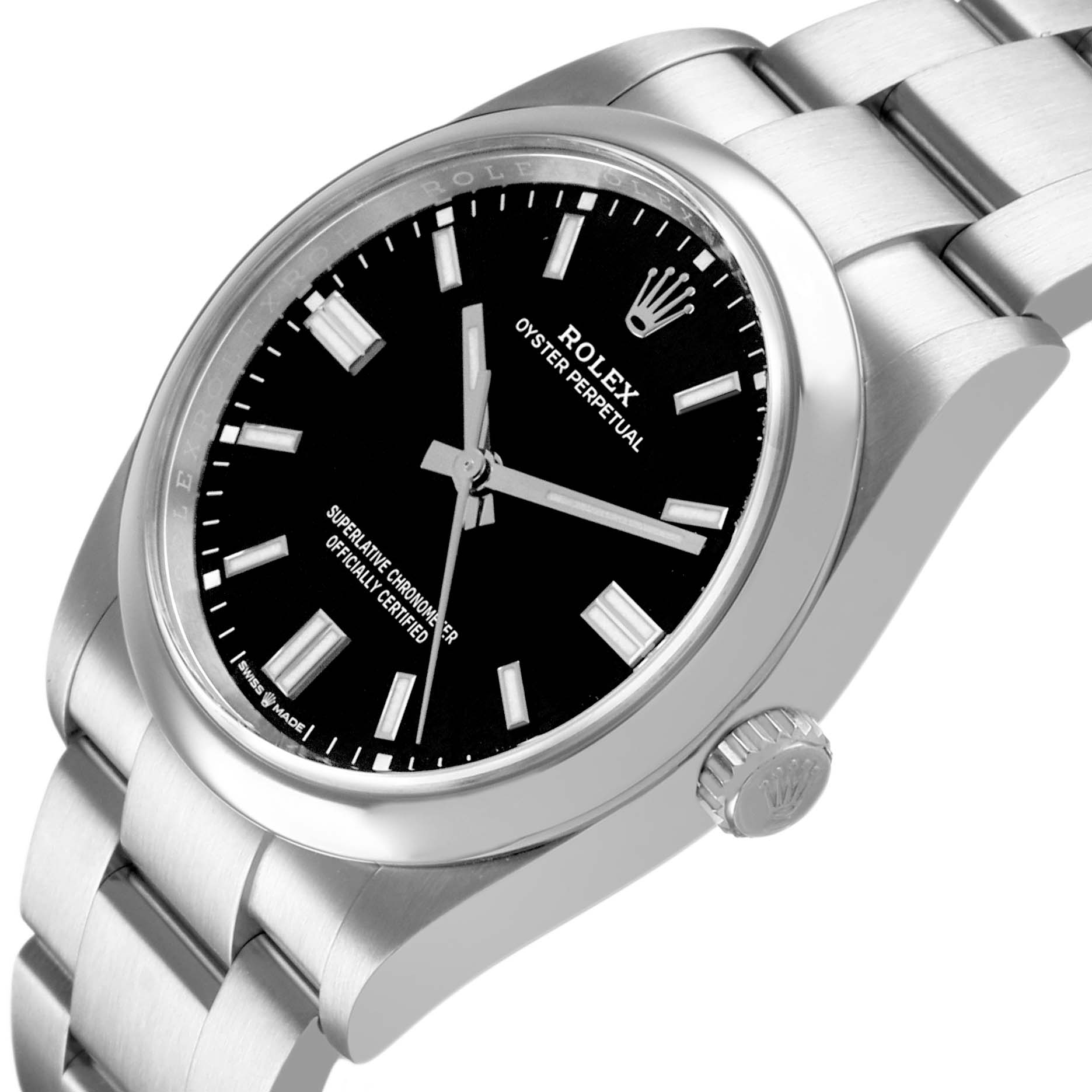 The image shows a Rolex Oyster Perpetual 126000 Men's Stainless Steel Black Dial watch from a front angle highlighting the face, bezel, crown, and part of the bracelet.