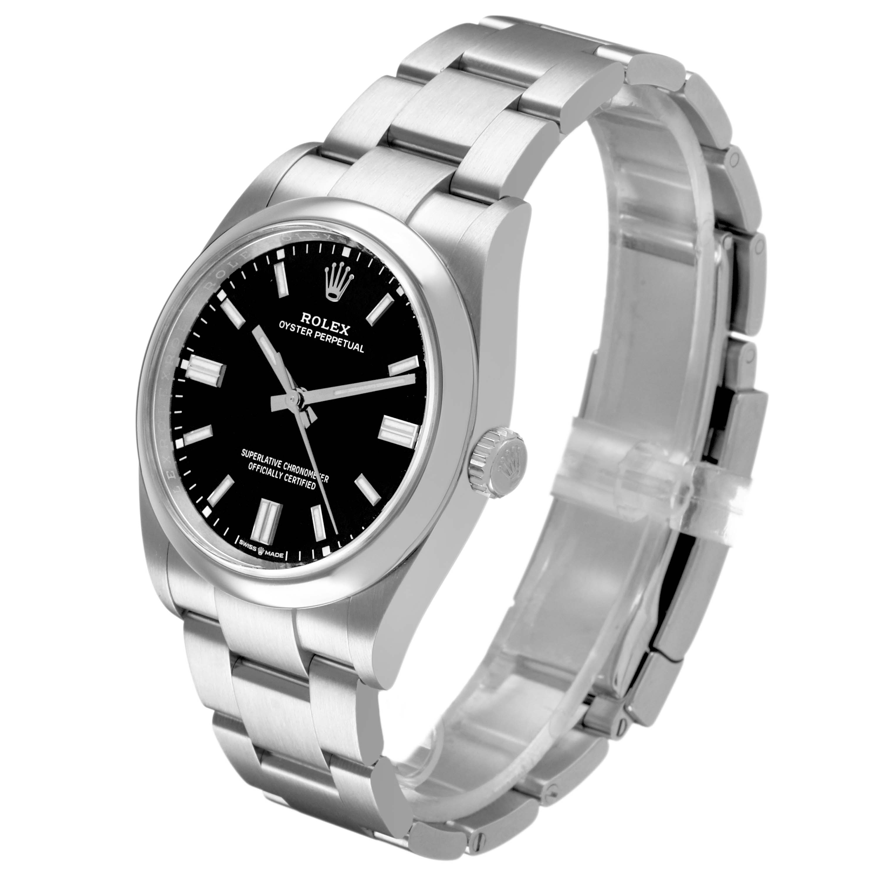 The Rolex Oyster Perpetual 126000 Men's Stainless Steel Black Dial watch is shown at a side angle, highlighting its bracelet, case, and black dial.