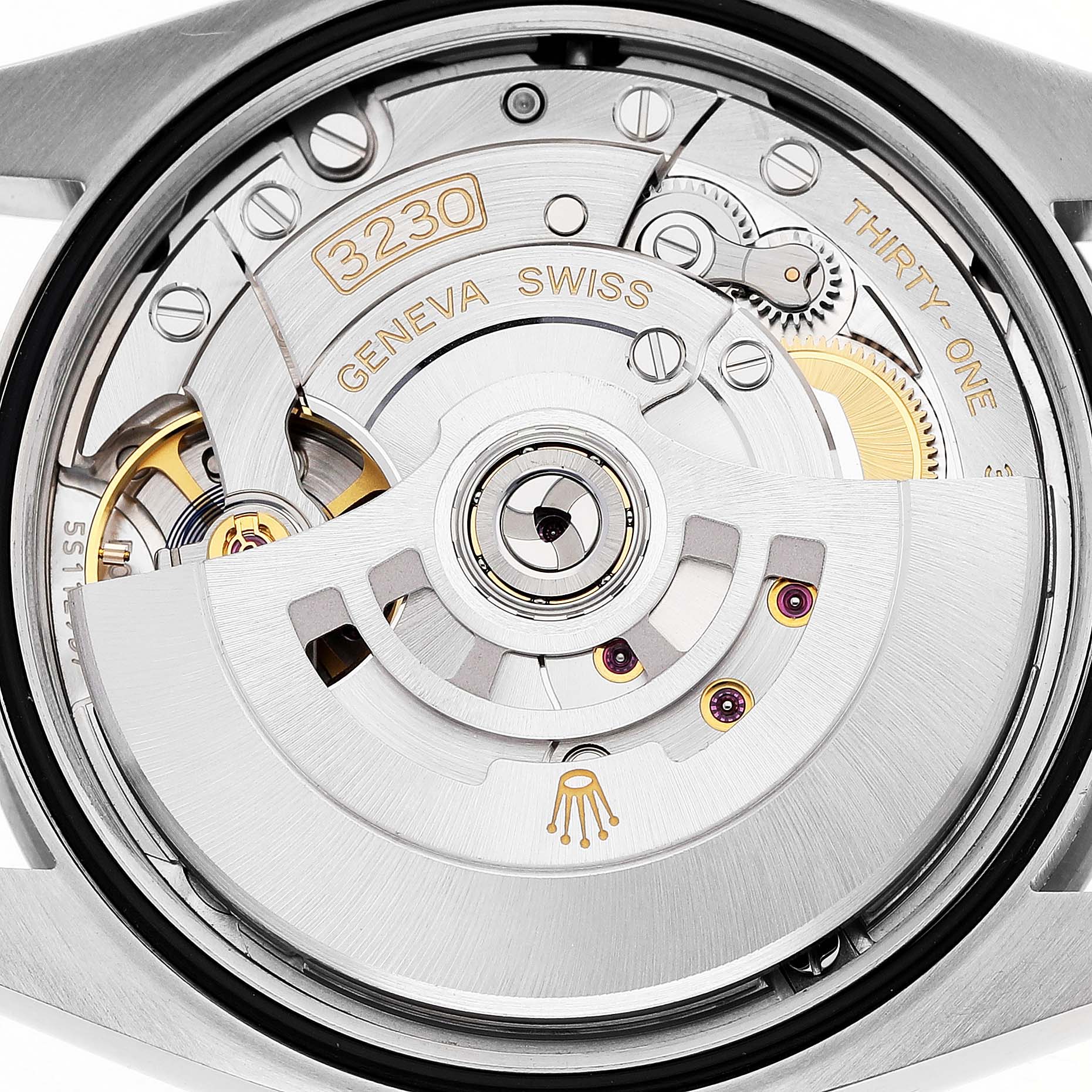 The image shows the movement of a Rolex Oyster Perpetual 126000 Men's Stainless Steel Black Dial watch from a back angle, highlighting the intricate mechanical parts.