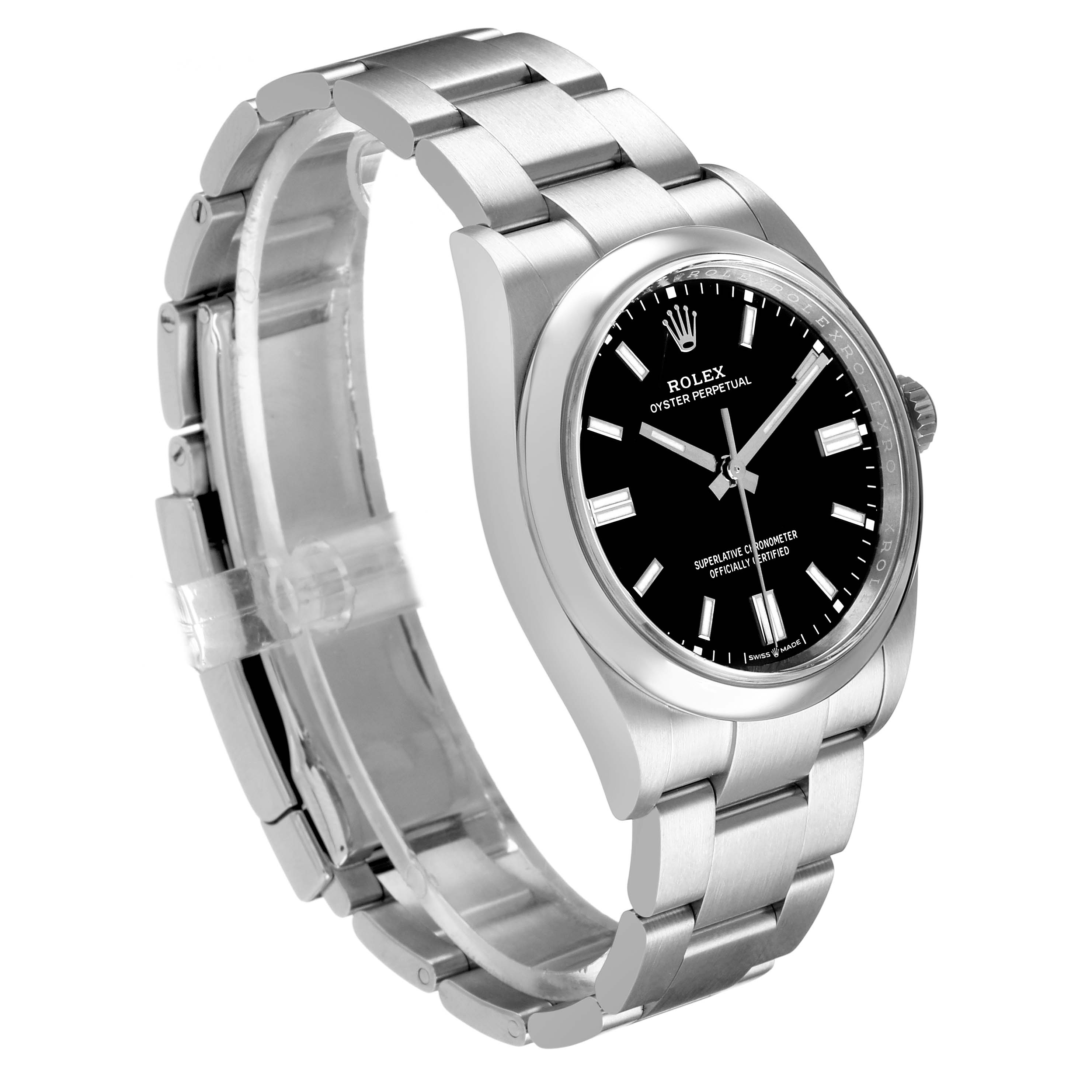 The Rolex Oyster Perpetual 126000 Men's Stainless Steel Black Dial watch is shown at a three-quarter angle, highlighting the face, bezel, case, and bracelet.
