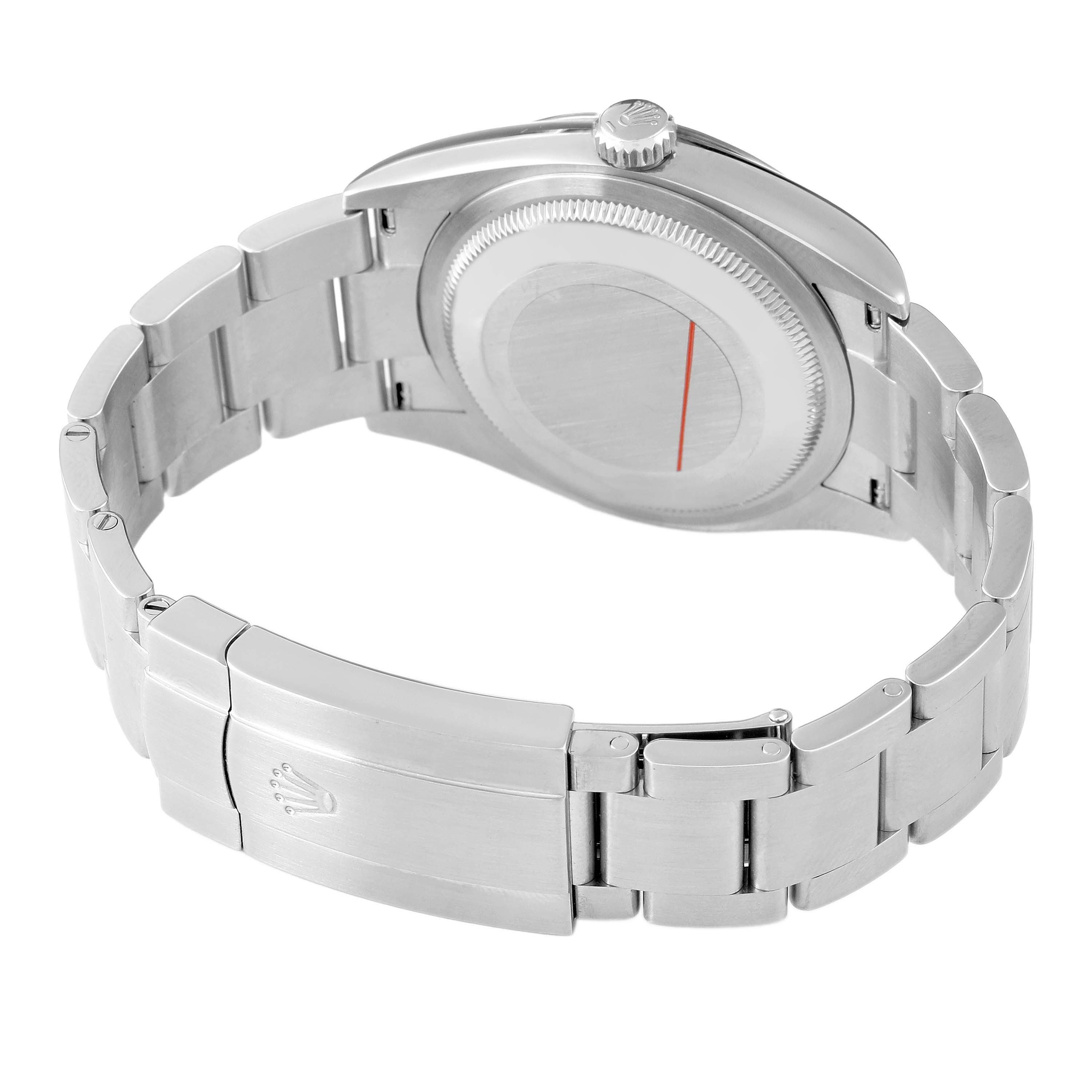 The image shows the back and side view of the Rolex Oyster Perpetual 126000 Men's Stainless Steel Black Dial, highlighting the bracelet and clasp.