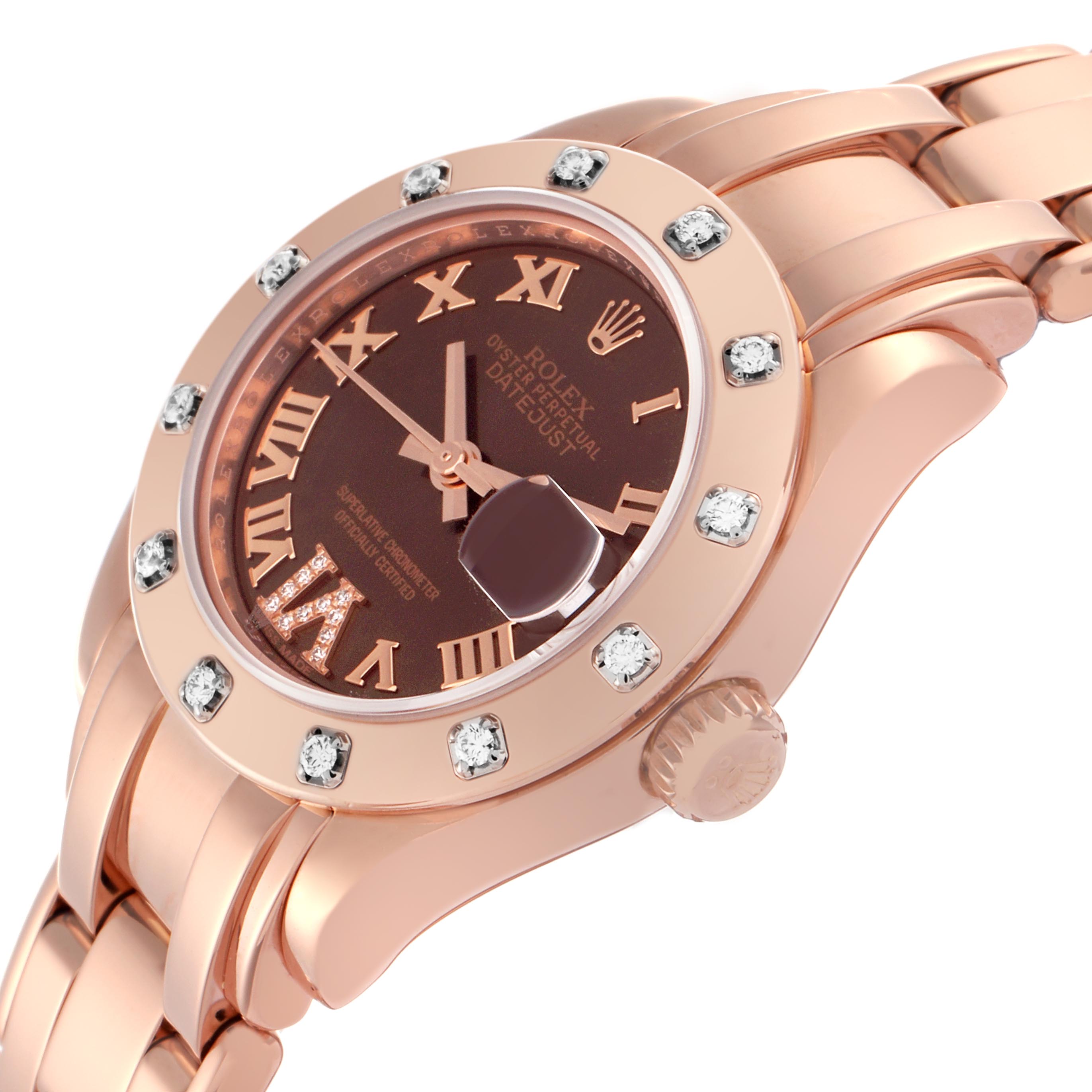 The Rolex Pearlmaster 80315 Women's Rose Gold Brown Dial 80315 Women's Rose Gold Brown Dial watch is shown at an angled side view, highlighting its diamond-studded bezel, crown, and bracelet.