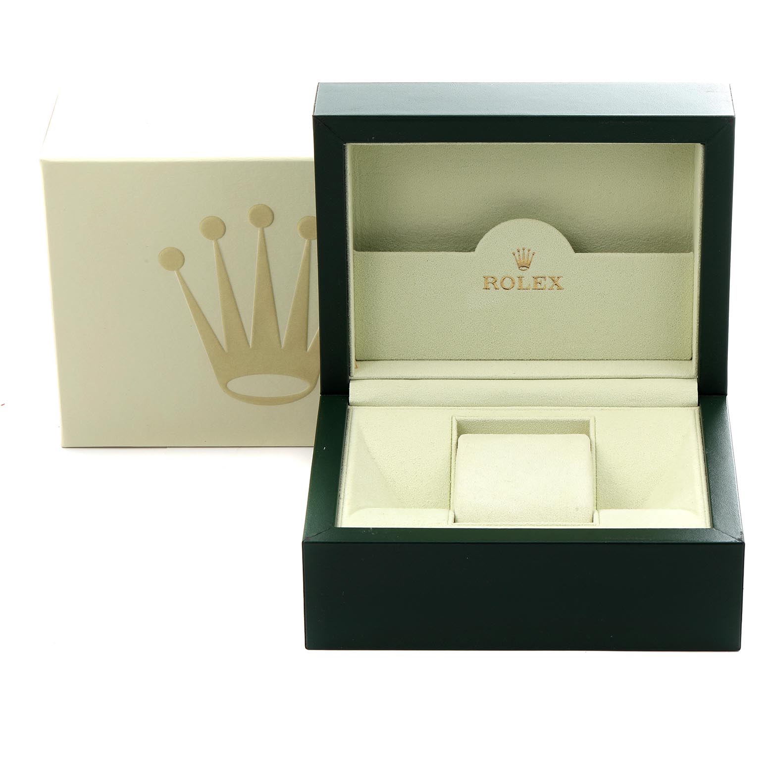 The image shows an open Rolex Pearlmaster 80315 Women's Rose Gold Brown Dial 80315 Women's Rose Gold Brown Dial watch box with a beige interior and the Rolex logo inside the lid.