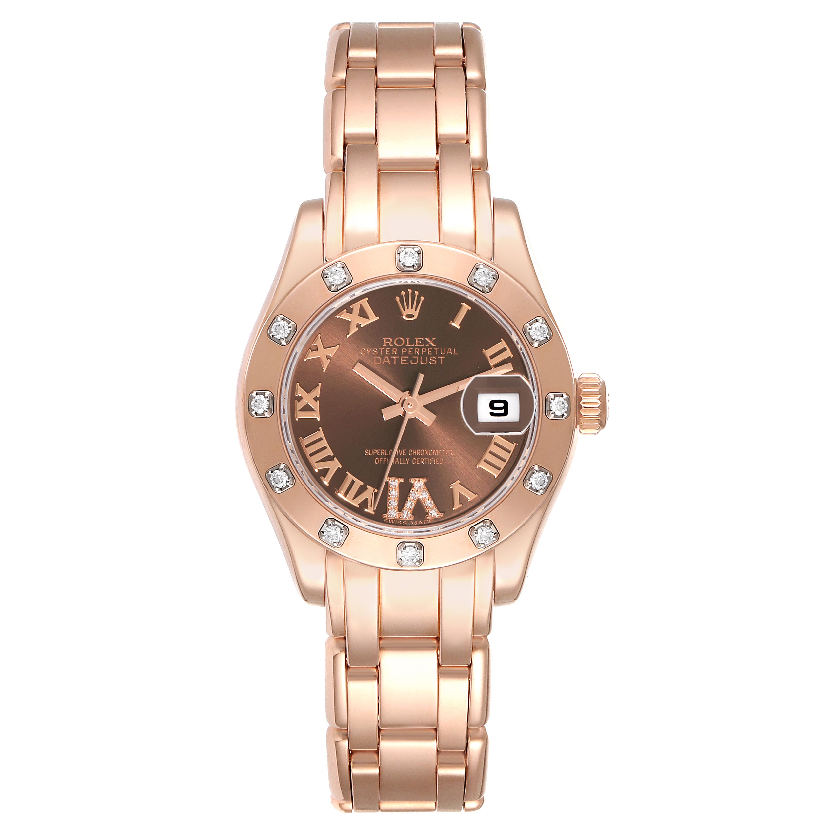 The Rolex Pearlmaster 80315 Women's Rose Gold Brown Dial 80315 Women's Rose Gold Brown Dial watch is shown from a top-down angle, displaying the dial, bezel, bracelet, and date function.