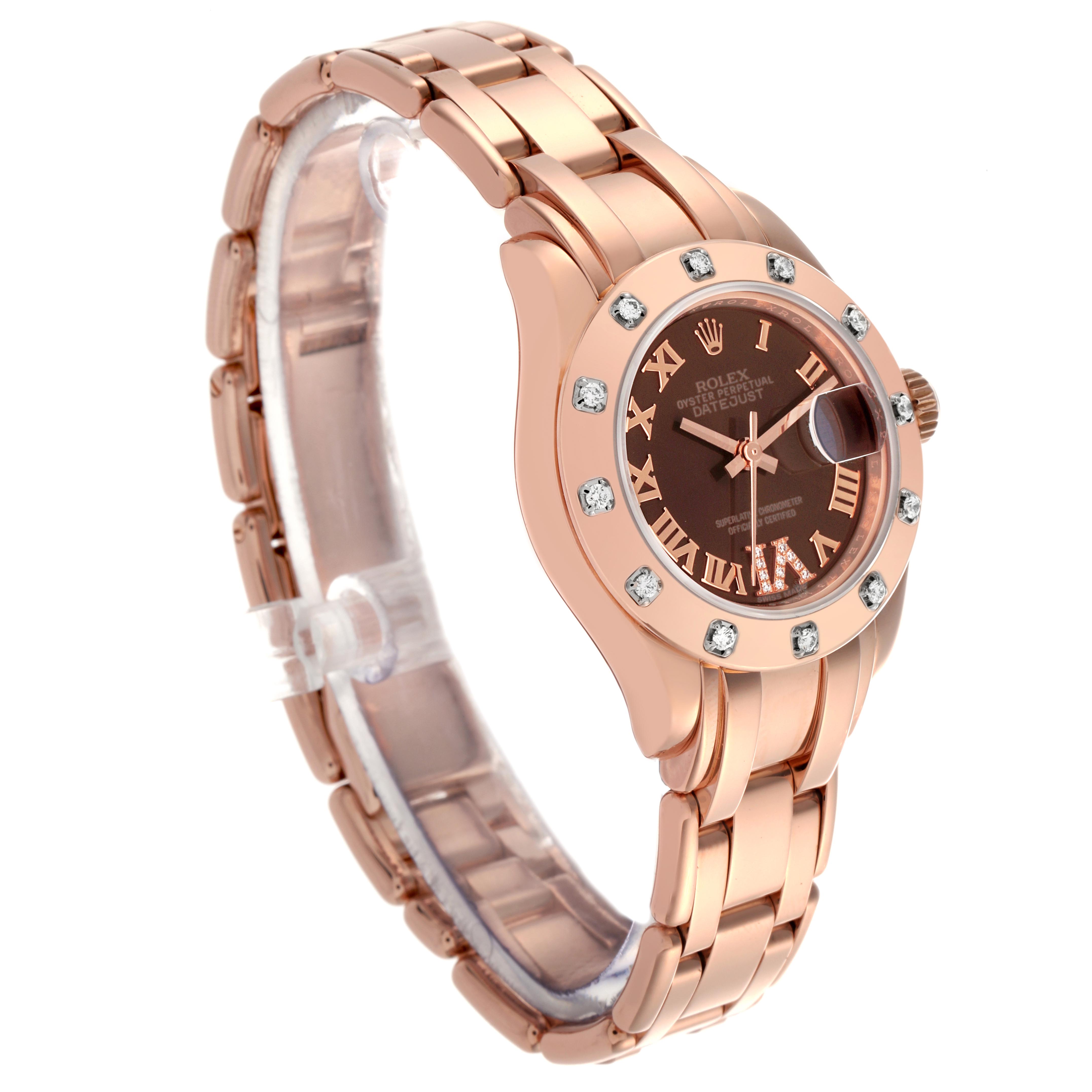 The Rolex Pearlmaster 80315 Women's Rose Gold Brown Dial 80315 Women's Rose Gold Brown Dial watch is shown at a slight angle highlighting the face, bracelet, and diamond-set bezel.