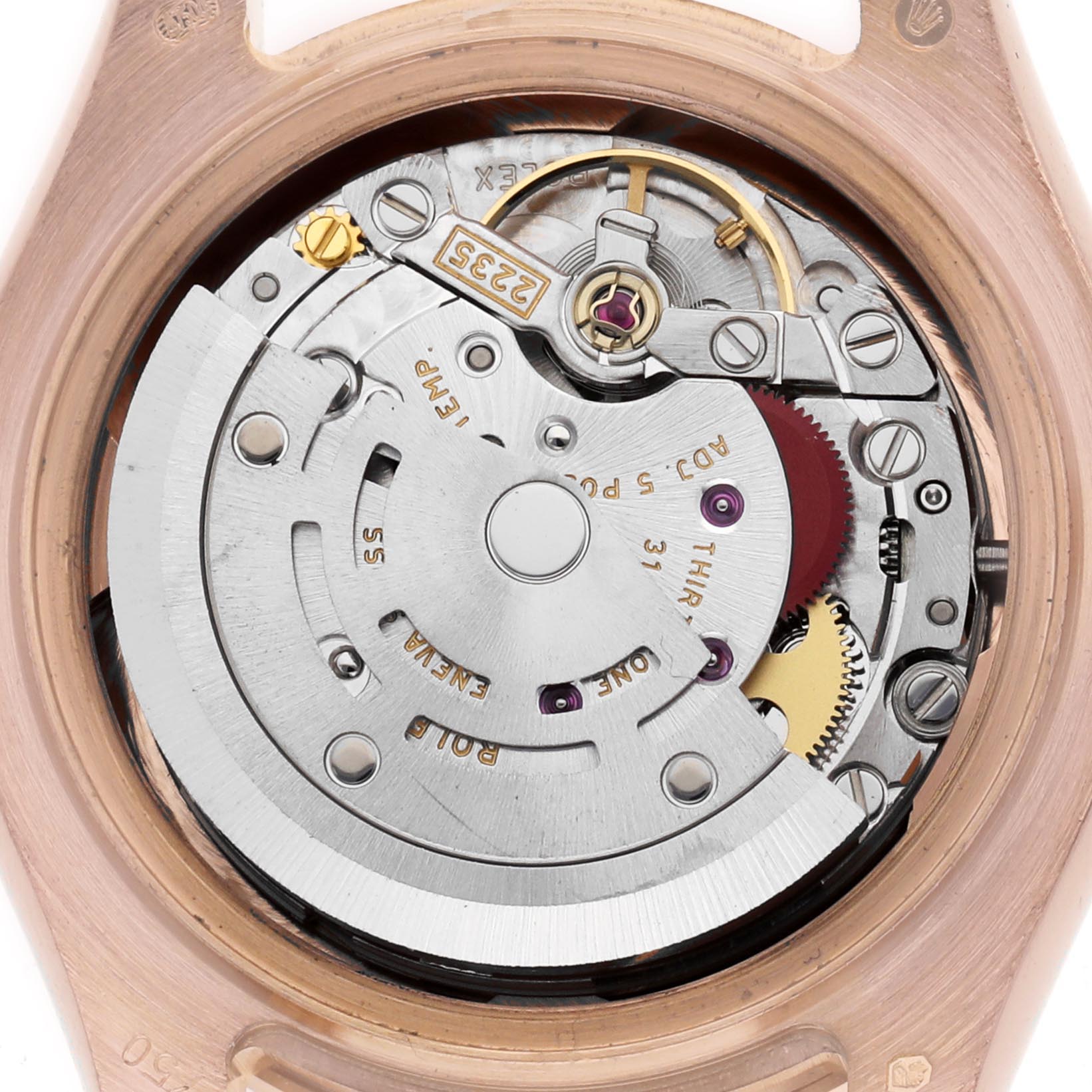 The image shows the movement mechanism of a Rolex Pearlmaster 80315 Women's Rose Gold Brown Dial 80315 Women's Rose Gold Brown Dial watch from the back.