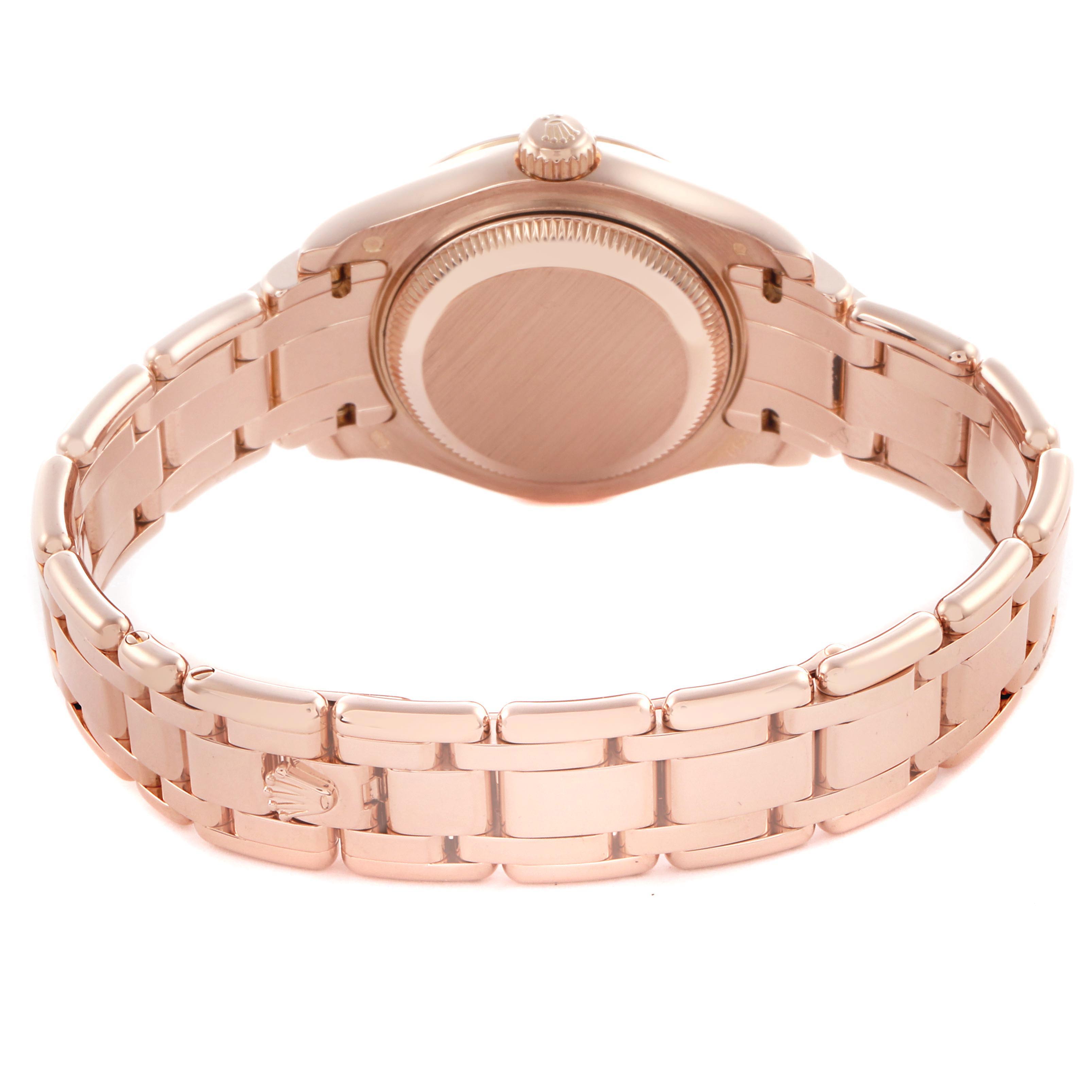 The image shows the back and side view of a Rolex Pearlmaster 80315 Women's Rose Gold Brown Dial 80315 Women's Rose Gold Brown Dial, highlighting the bracelet, case back, and crown.