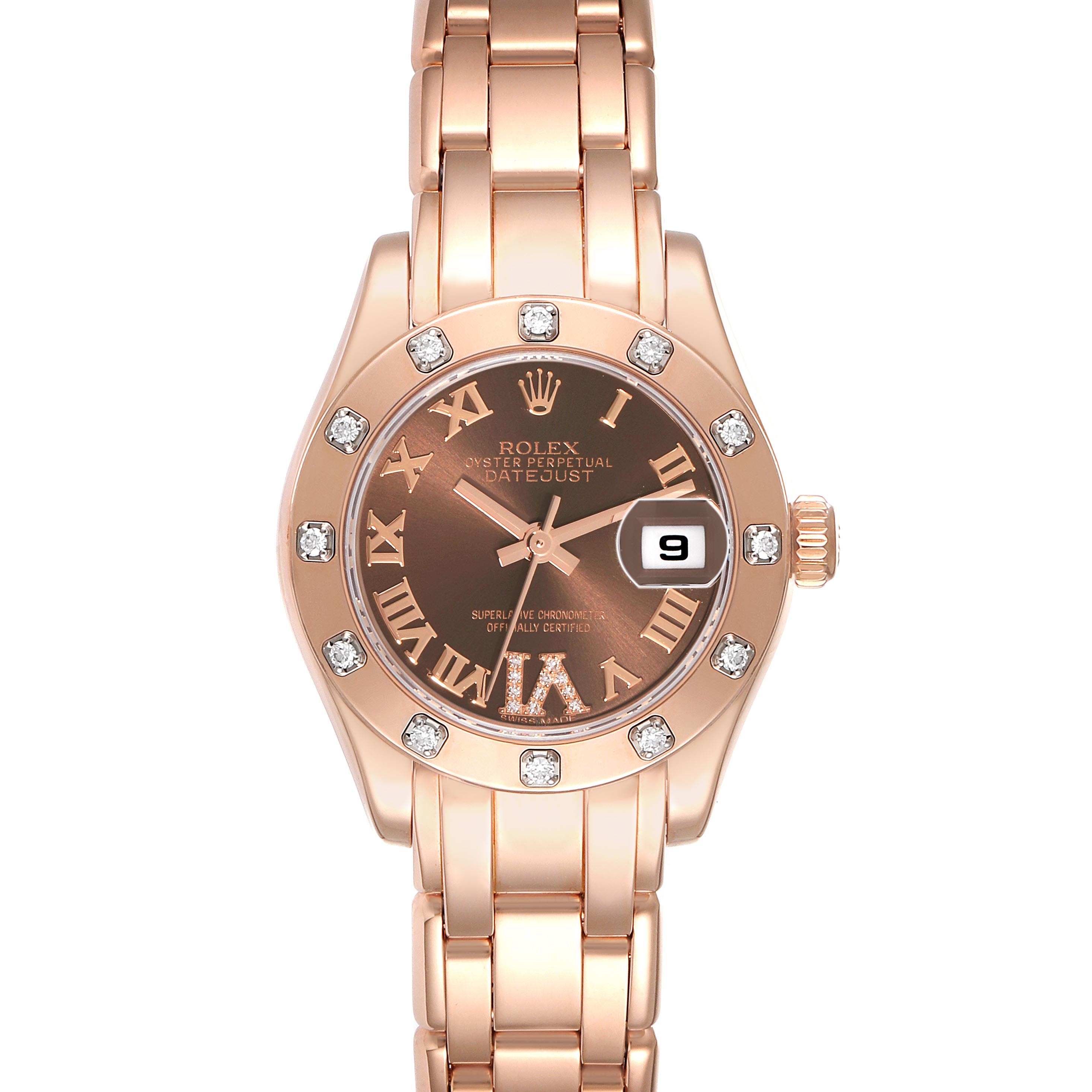 The Rolex Pearlmaster 80315 Women's Rose Gold Brown Dial 80315 Women's Rose Gold Brown Dial watch is shown from a top-down angle, highlighting the dial, bracelet, and bezel with diamond accents.