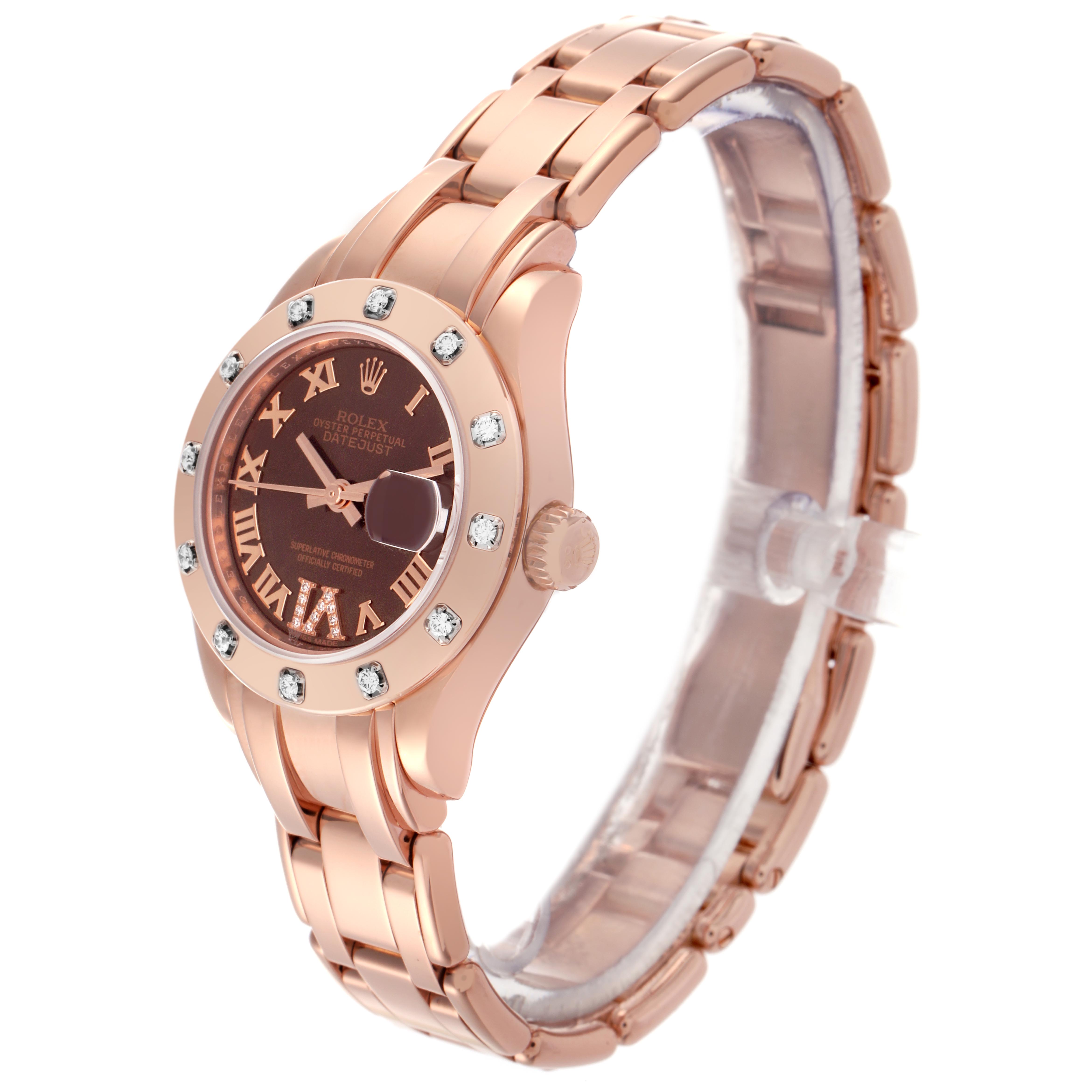 The Rolex Pearlmaster 80315 Women's Rose Gold Brown Dial 80315 Women's Rose Gold Brown Dial watch is shown at a slight angle, highlighting the dial, bezel, and bracelet.