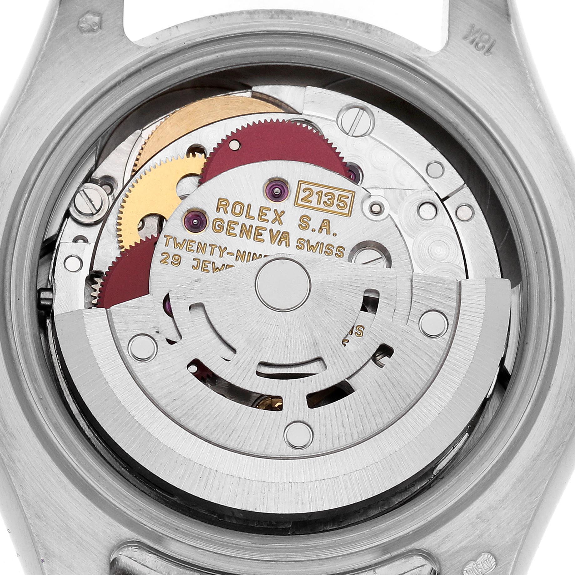 The image shows a close-up of the movement inside a Rolex Pearlmaster 69299 Women
s White Gold Mother of Pearl Dial 69299 Women
s White Gold Mother of Pearl Dial watch, viewed from the back.