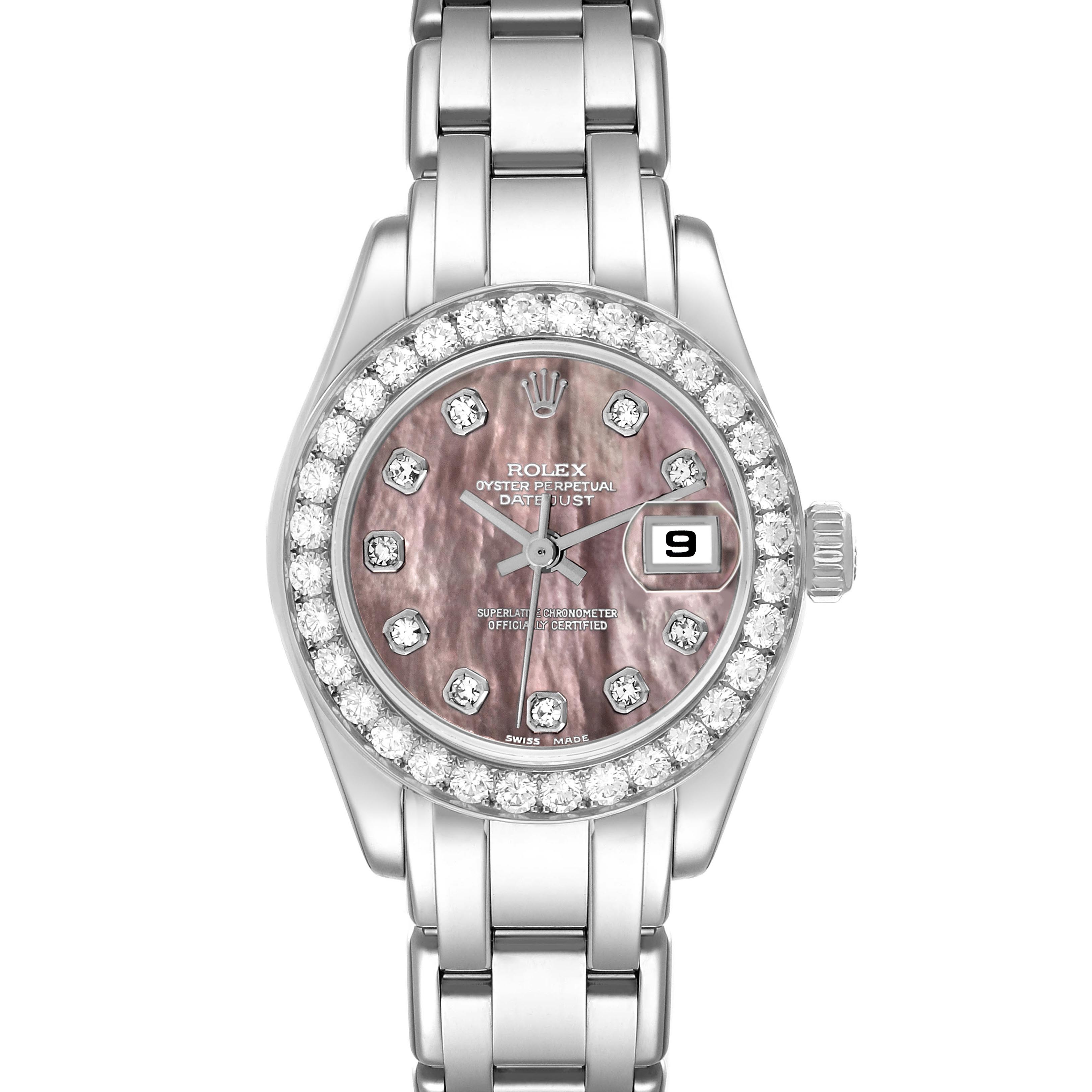 The Rolex Pearlmaster 69299 Women
s White Gold Mother of Pearl Dial 69299 Women
s White Gold Mother of Pearl Dial watch is shown from a front angle, displaying the face, bezel, and part of the bracelet.
