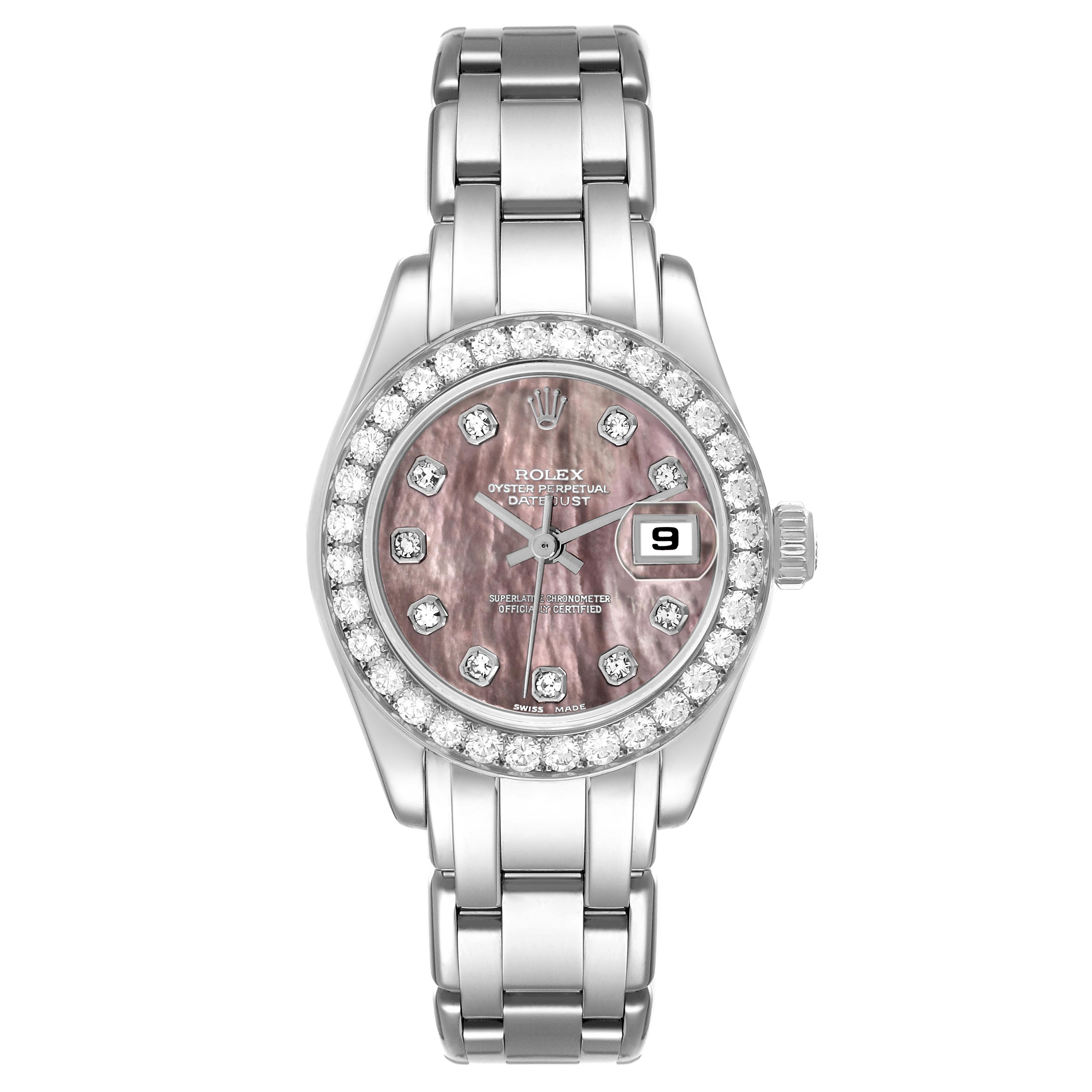 The Rolex Pearlmaster 69299 Women
s White Gold Mother of Pearl Dial 69299 Women
s White Gold Mother of Pearl Dial watch is shown from a front view, displaying the face, bezel, and bracelet.