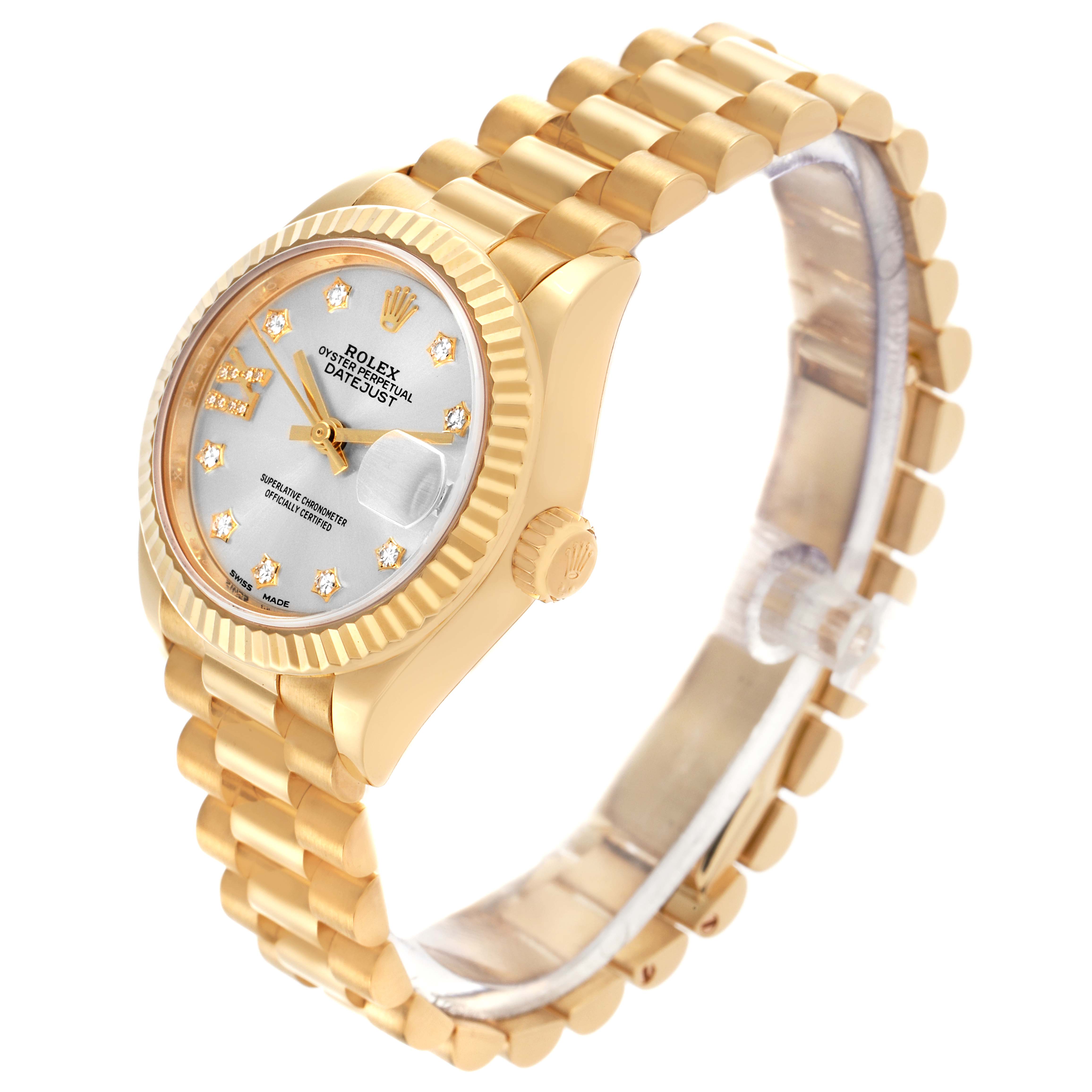 The Rolex President 279178 Women
s Yellow Gold Silver Dial 279178 Women
s Yellow Gold Silver Dial model is shown from a side angle, highlighting the face, crown, and bracelet.