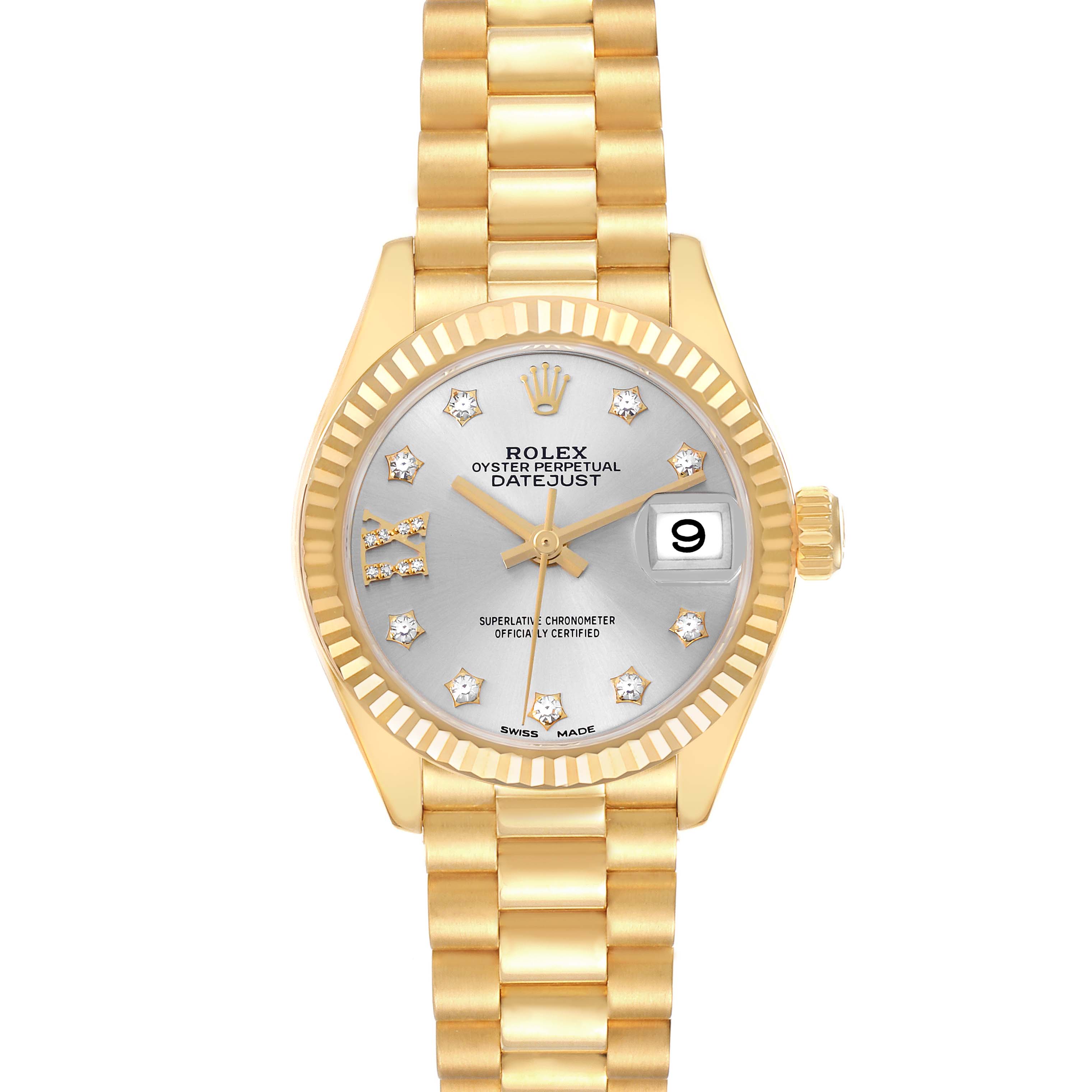 The Rolex President 279178 Women
s Yellow Gold Silver Dial 279178 Women
s Yellow Gold Silver Dial model watch is shown from a top view, displaying its gold bracelet, silver dial, fluted bezel, and date window.
