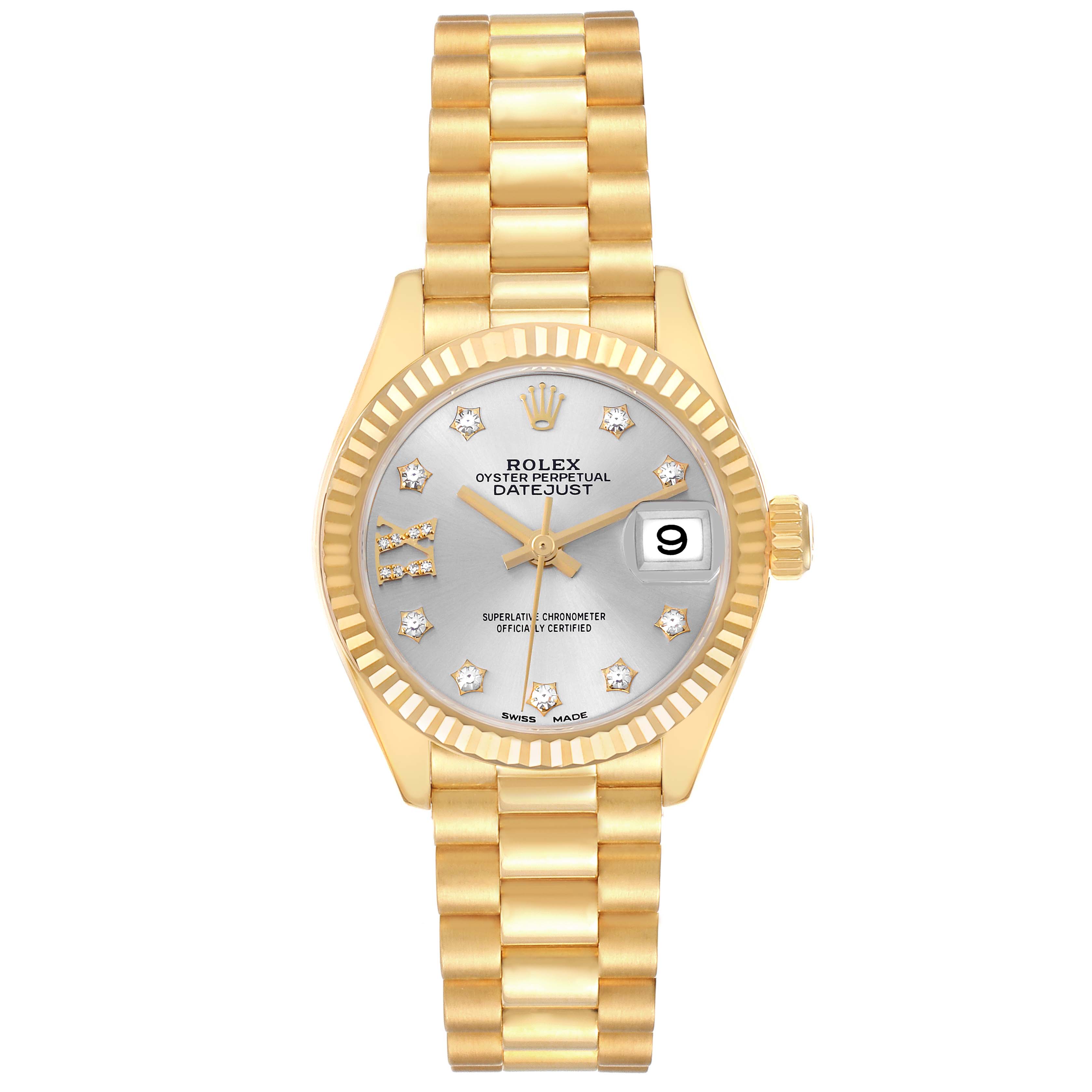 The Rolex President 279178 Women
s Yellow Gold Silver Dial 279178 Women
s Yellow Gold Silver Dial watch is shown in a front view, displaying its gold bracelet, fluted bezel, and silver dial with a date window.