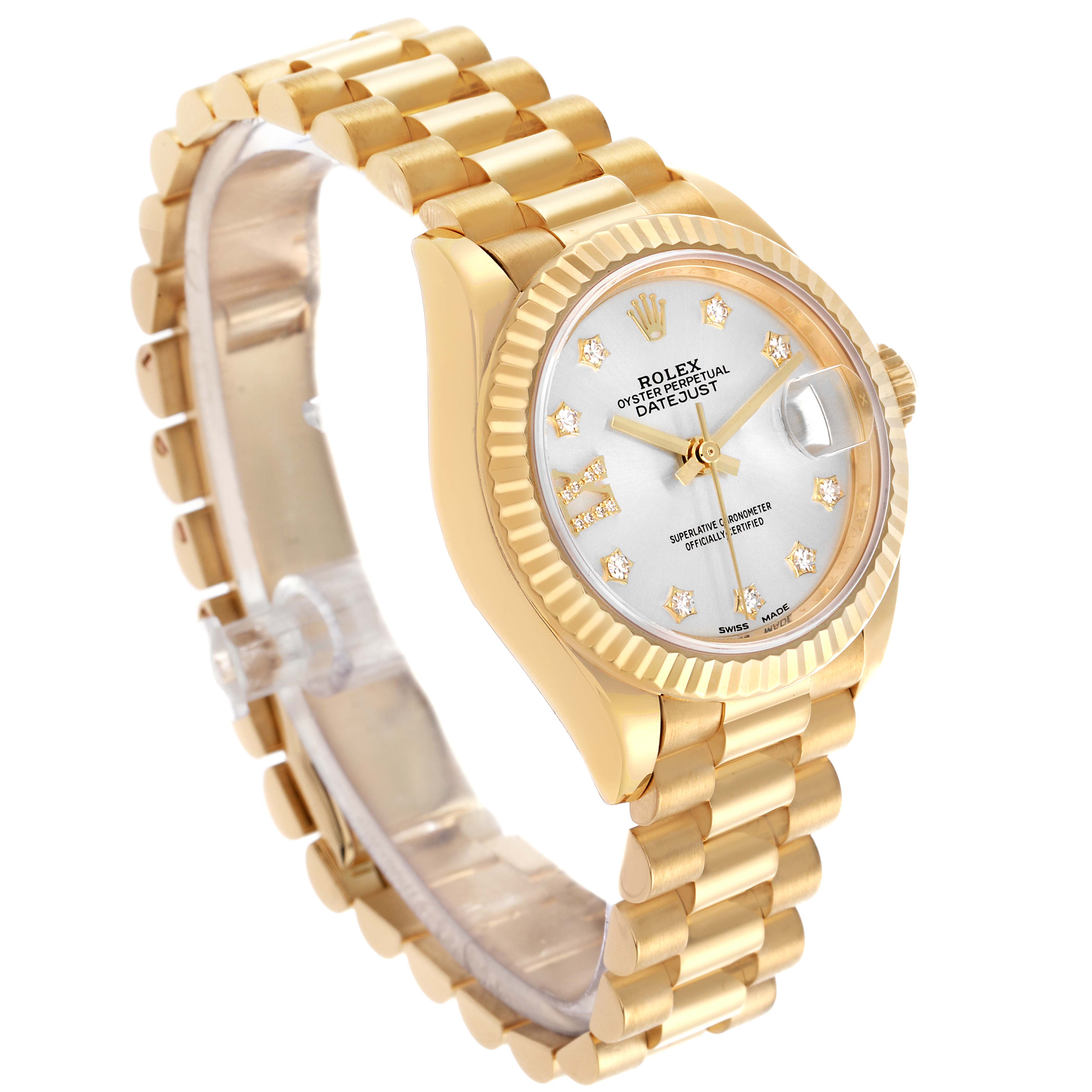 The Rolex President 279178 Women
s Yellow Gold Silver Dial 279178 Women
s Yellow Gold Silver Dial watch is shown at a three-quarter angle, highlighting its dial, bezel, and bracelet.