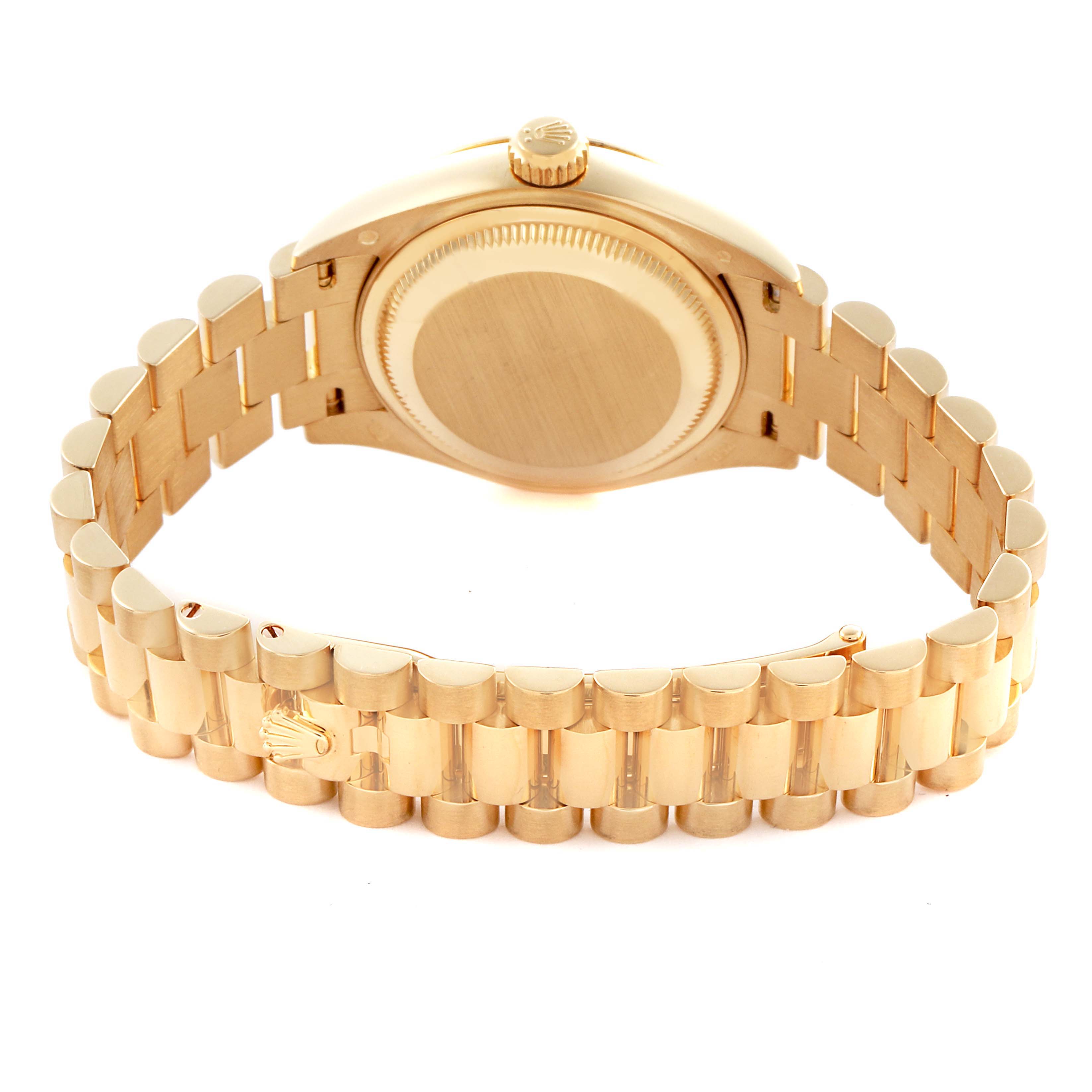 The image shows the back of the Rolex President 279178 Women
s Yellow Gold Silver Dial 279178 Women
s Yellow Gold Silver Dial model, highlighting its bracelet and clasp.