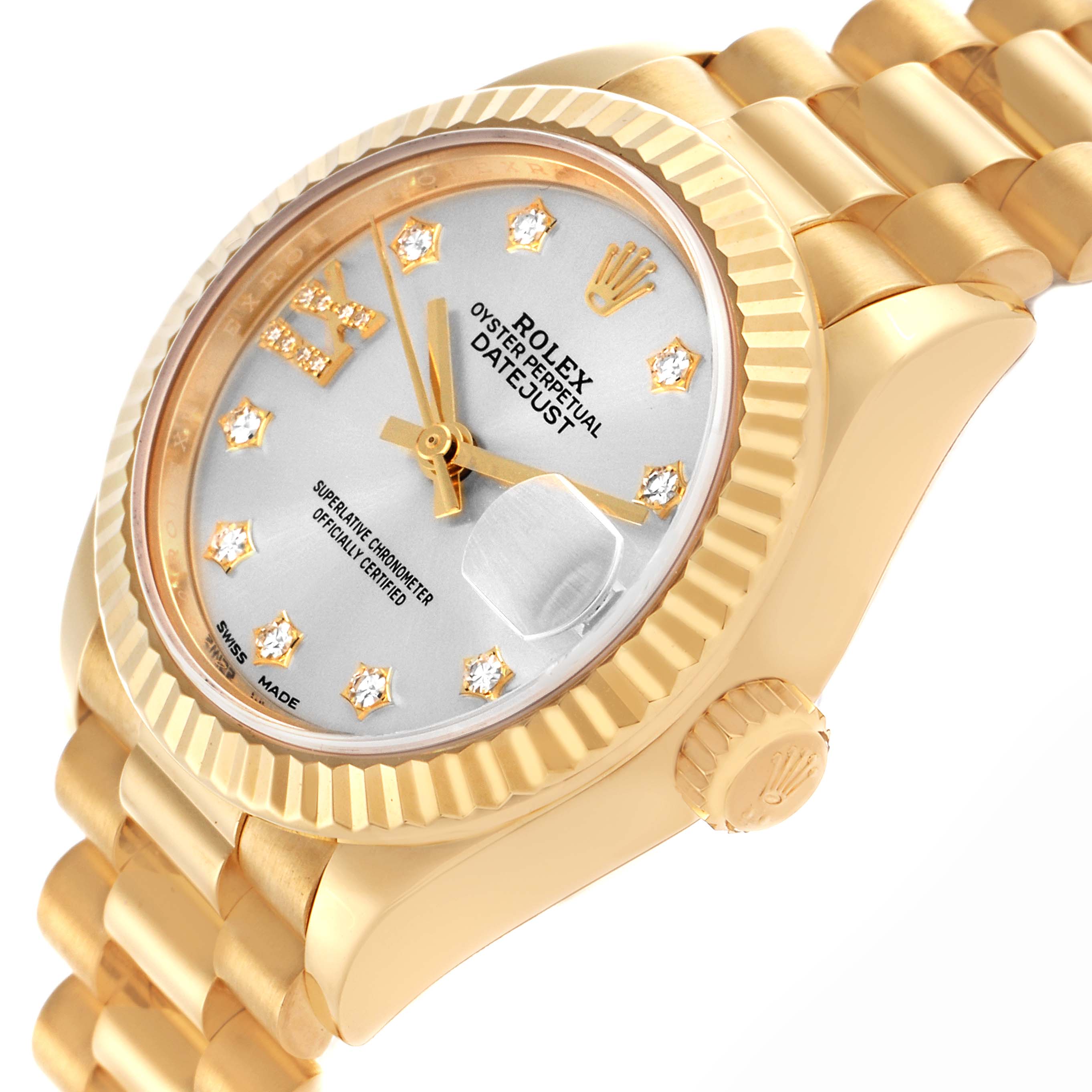 The Rolex President 279178 Women
s Yellow Gold Silver Dial 279178 Women
s Yellow Gold Silver Dial watch is shown at a slight angle, displaying the face, bezel, and part of the bracelet.
