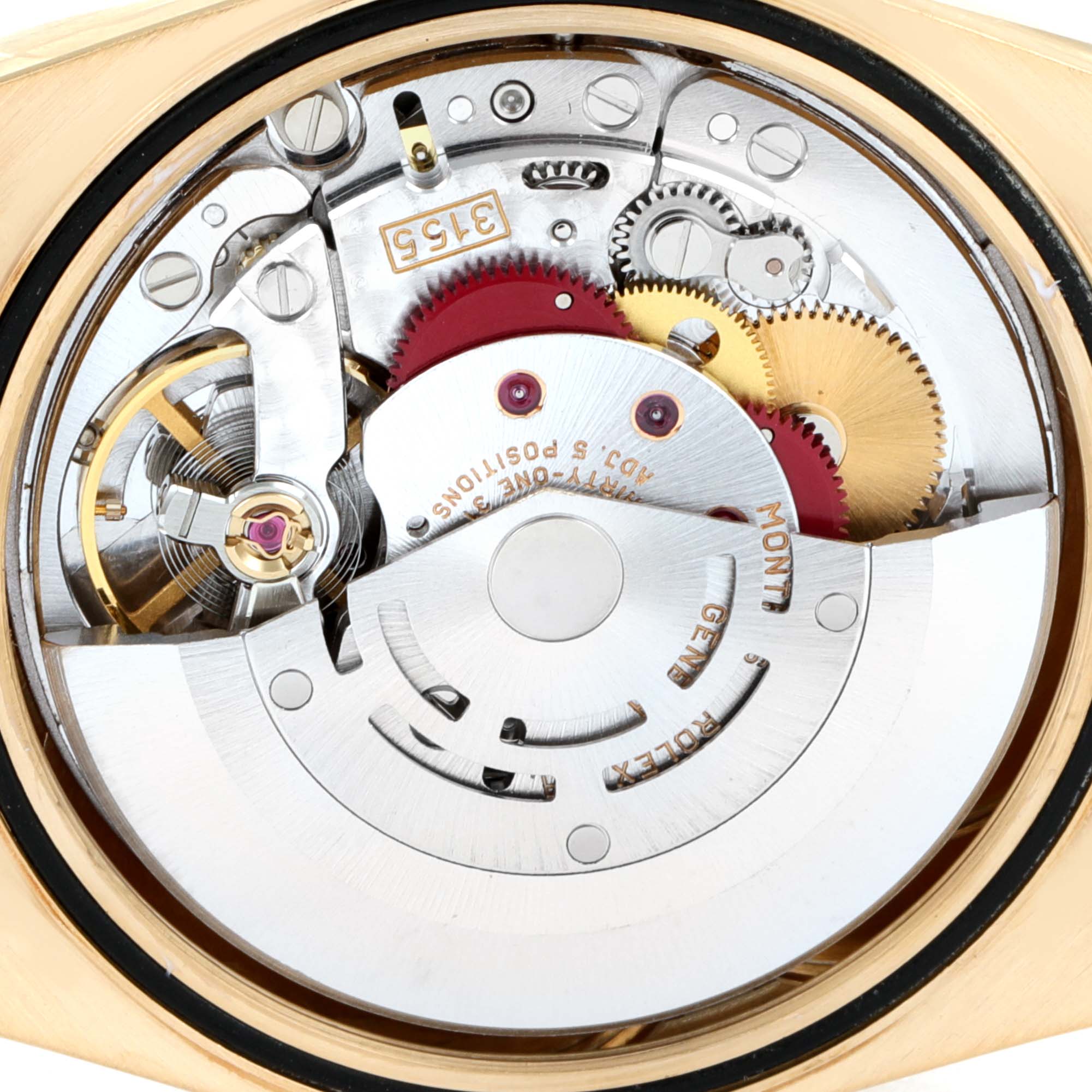 The image shows an internal view of the Rolex President 18348 Men's Yellow Gold Champagne Dial 18348 Men's Yellow Gold Champagne Dial model watch, focusing on its intricate mechanical movement.