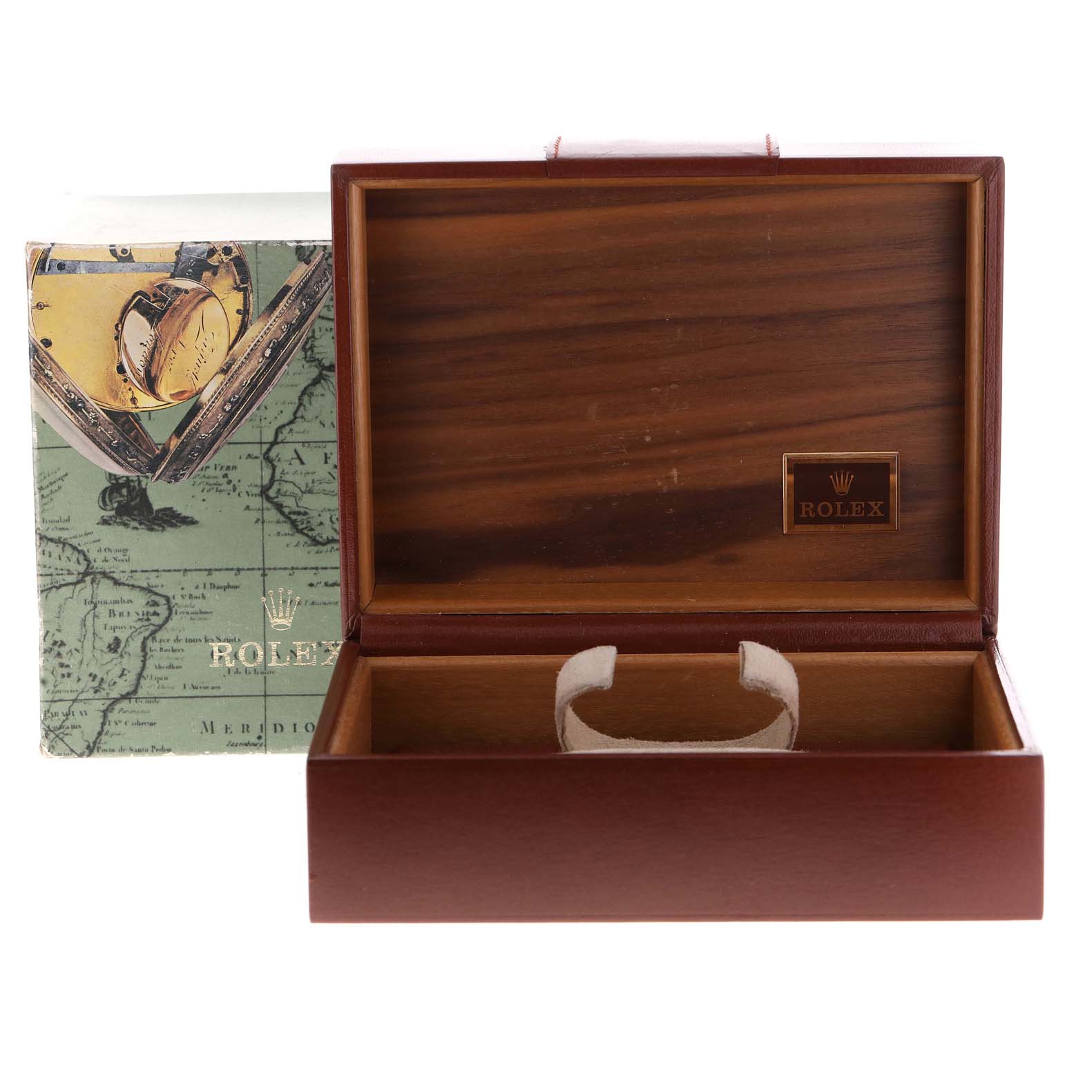 The image shows an open wooden presentation box for a Rolex President 18348 Men's Yellow Gold Champagne Dial 18348 Men's Yellow Gold Champagne Dial watch, with the outer box in the background.